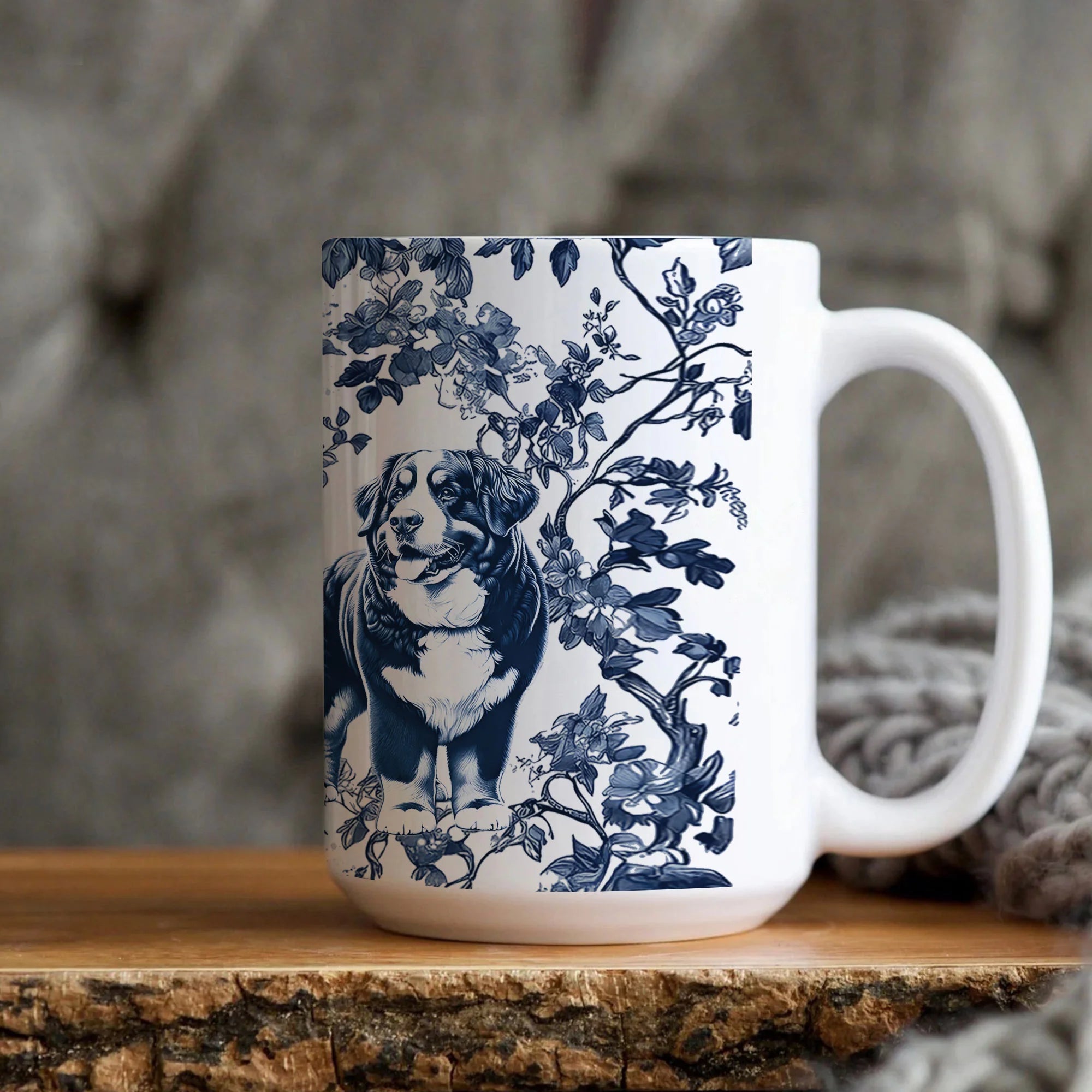 Toile Bernese Mountain Dog Mug Berner Blue and White Mug Elegant Dog Lover Gift Bernese Mom Coffee Cup French Country Style Vintage Floral