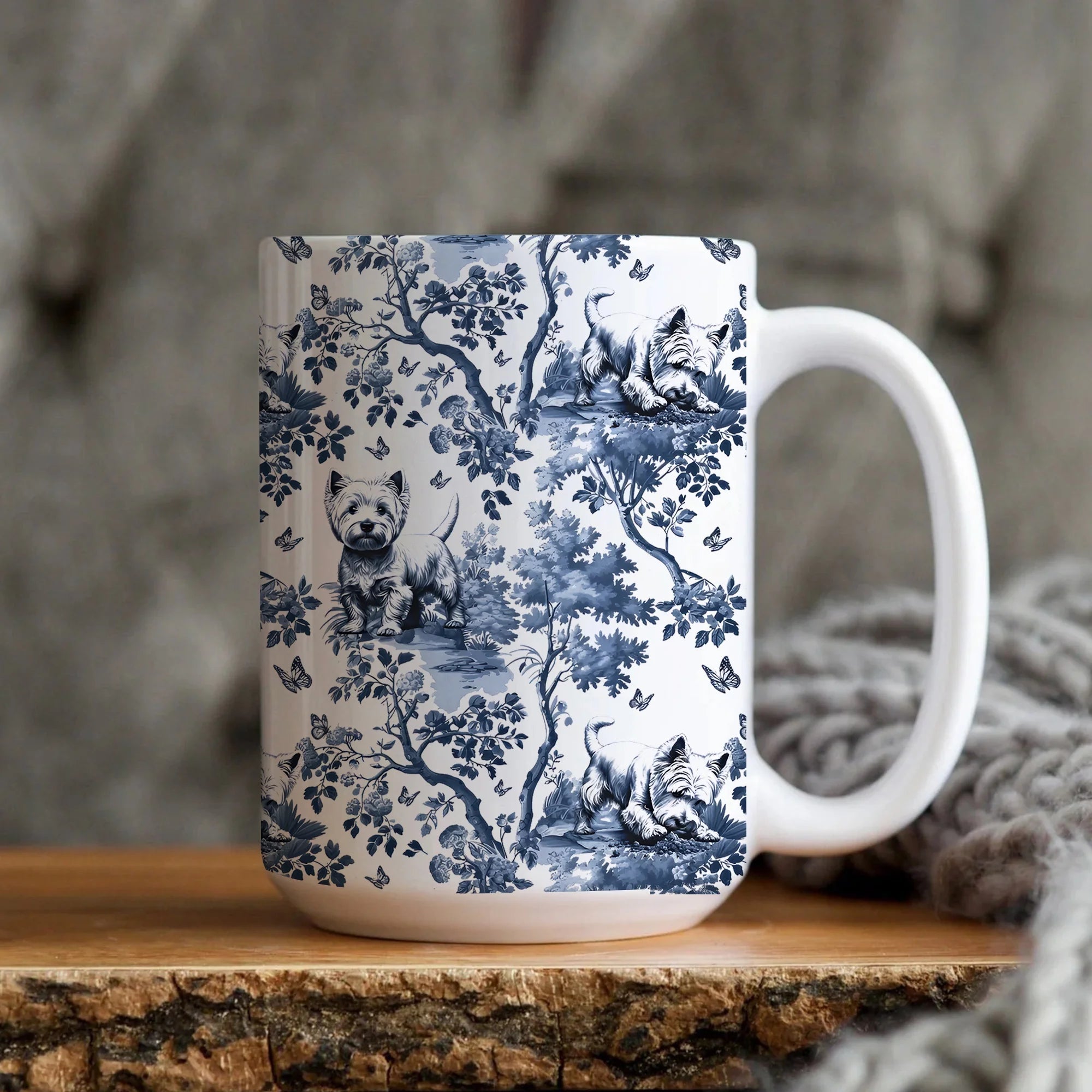 Westie Mug Vintage Toile Scottish Dog Mom Gift, West Highland Terrier Coffee Cup, Rustic Ceramic Tea Cup Gift for Her, Housewarming, Wedding