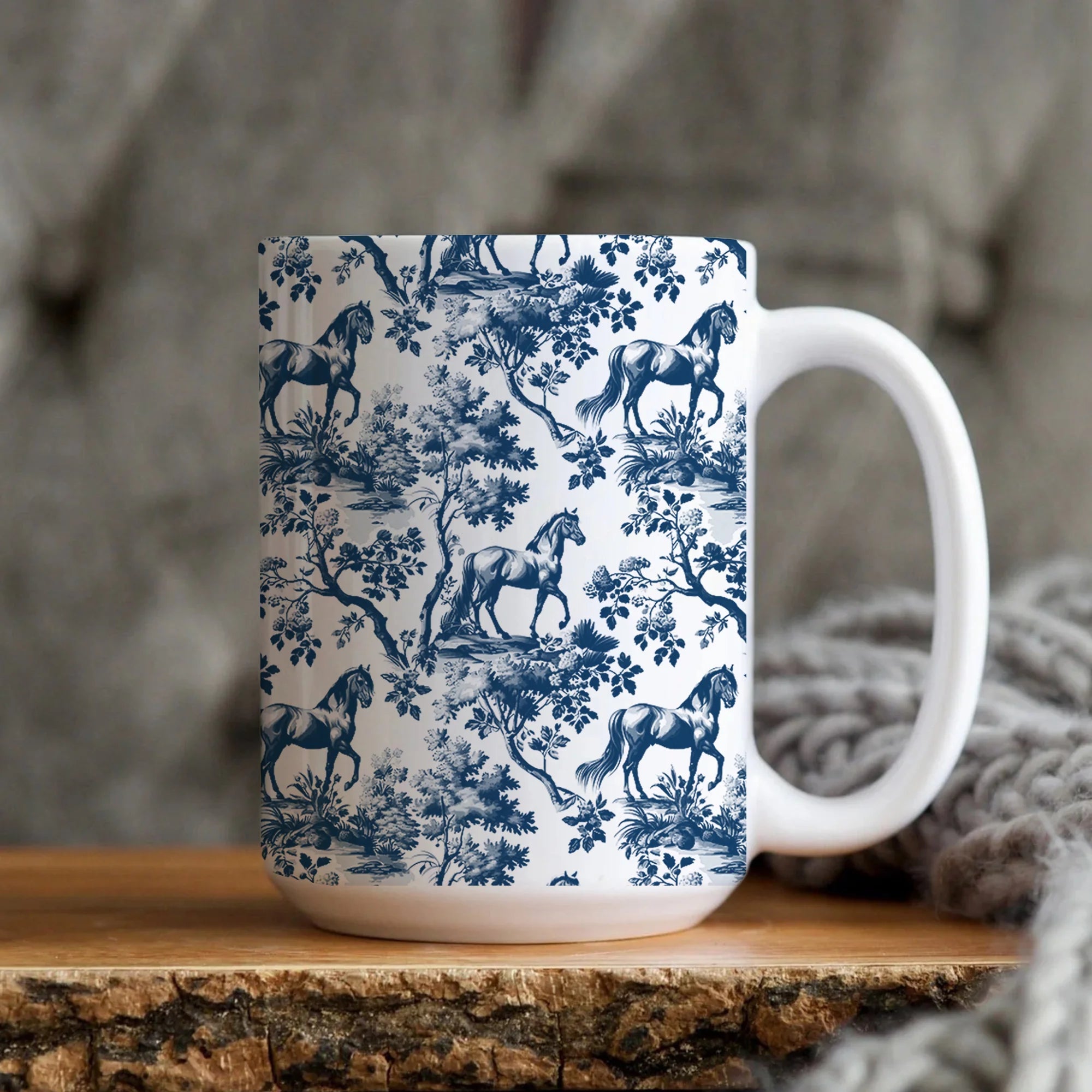 Horse Toile Mug Vintage French Equine Coffee Cup Elegant Equestrian Gift for Horse Lovers Blue and White Chinoiserie Mug Gift for Mom Friend