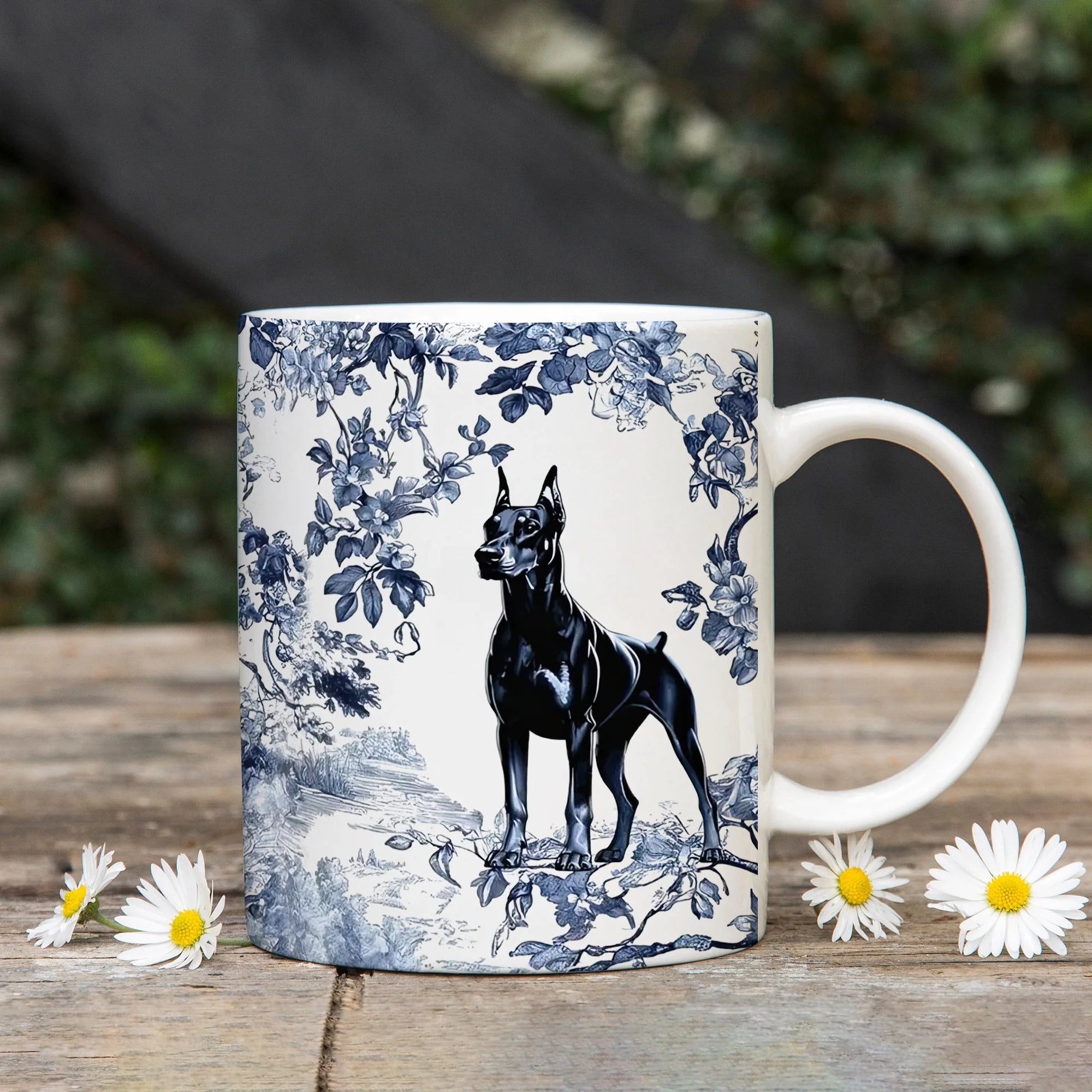 Doberman Mug Vintage French Dog Coffee Cup Elegant Gift for Dog Lovers Blue and White Chinoiserie Mug Gift for Mom Friend