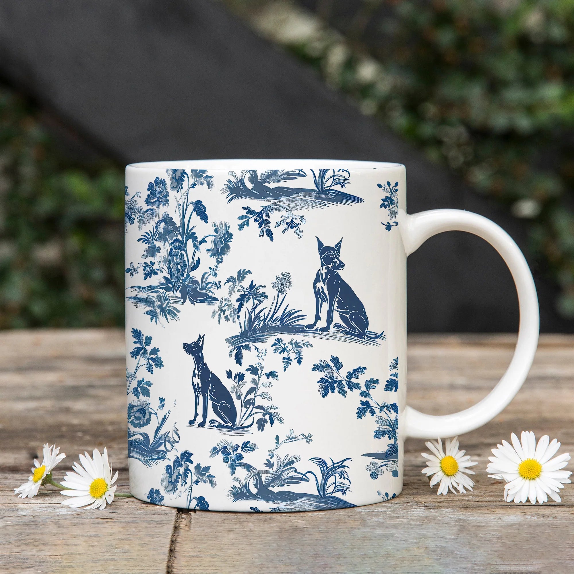 Doberman French Toile de Jouy Mug - Blue Toile Coffee Cup for Doberman Pincer Mom, Dobie Lover Gifts, Chinoiserie Ceramic Dog Tea Drinkware