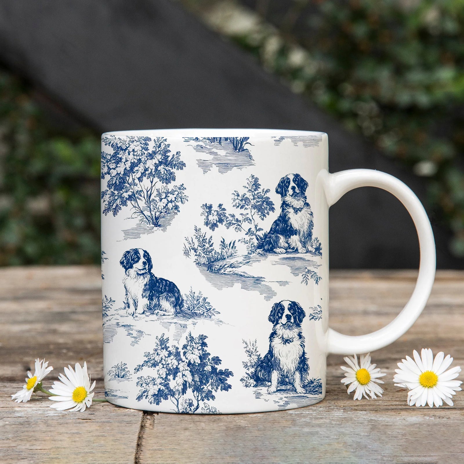 Bernese Mountain Dog Toile de Jouy Mug- Elegant Blue French Toile Coffee Cup Gifts for Berner Mom, Dog Lovers Chinoiserie Ceramic Tea Cup