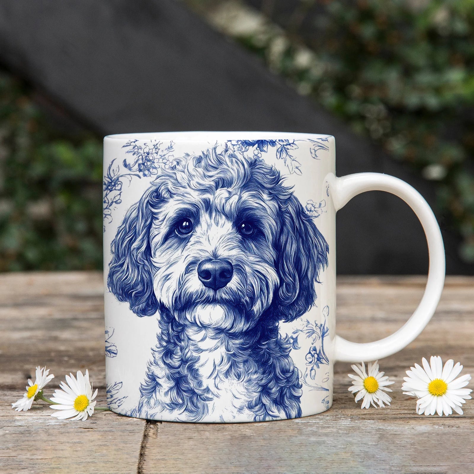 French Blue Toile Doodle Dog Ceramic Mug: Adorable Pet Lover Gift for Coffee & Tea Enthusiasts