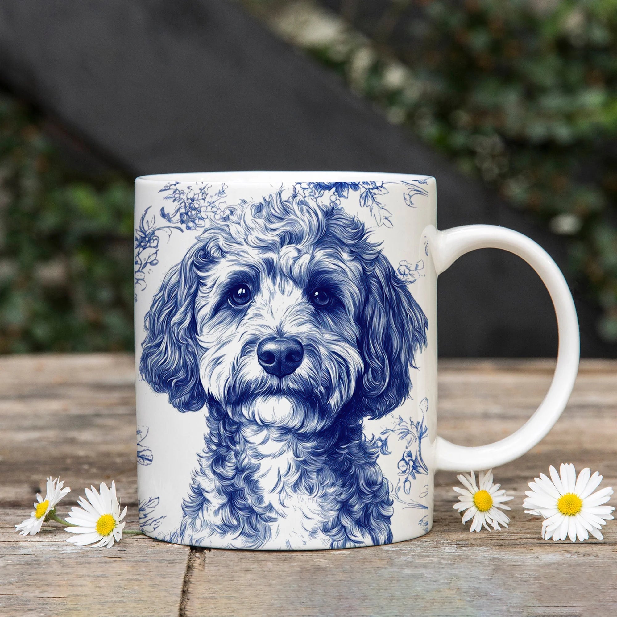 French Blue Toile Doodle Dog Ceramic Mug: Adorable Pet Lover Gift for Coffee & Tea Enthusiasts