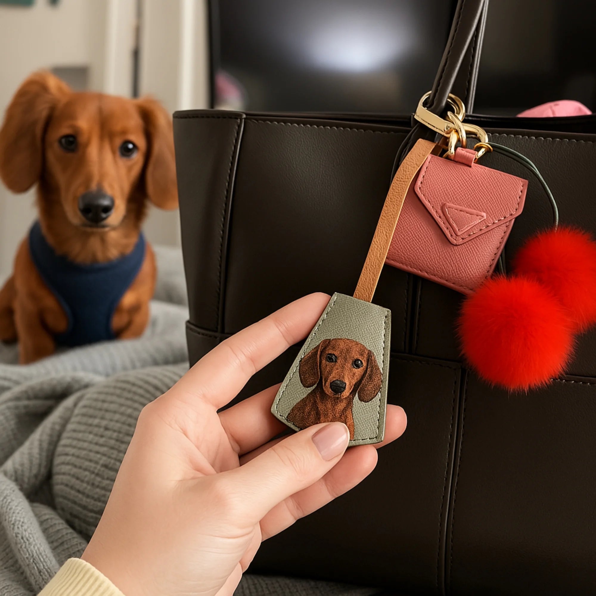 Personalized Pet Leather Bag Tag-Unique Personalised Gift - Handmade Bag Charm - Pet Portrait - Dog Memorial - Leather fashion accessories