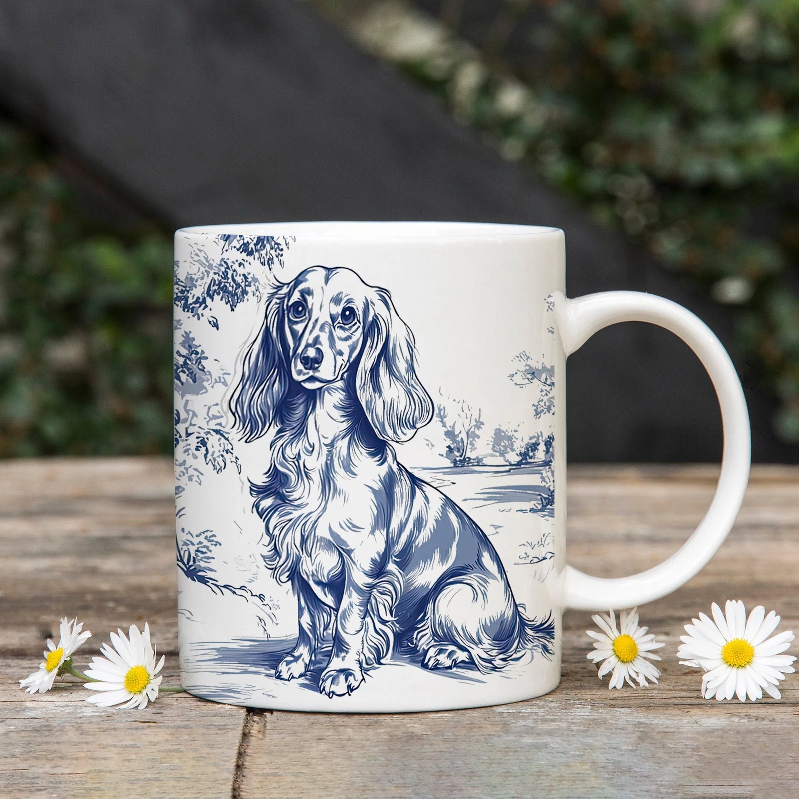 Elegant French Blue Toile Dachshund Ceramic Mug: Charming Pet Lover Gift for Coffee & Tea Enthusiasts