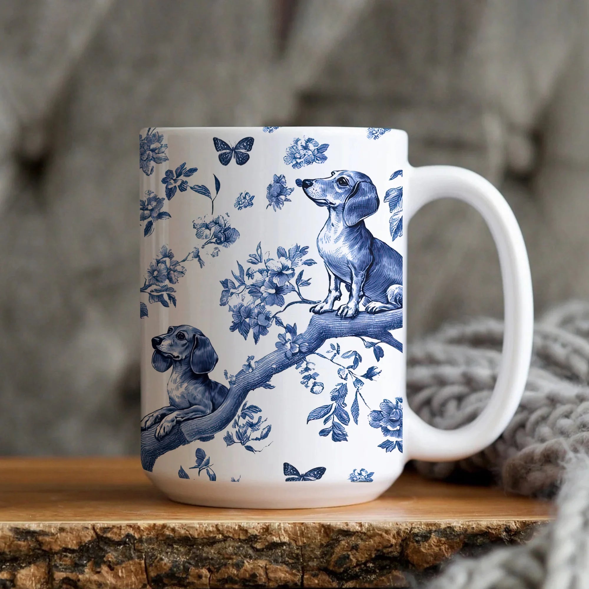 Dachshund French Blue Toile de Jouy Mug, Blue toile de jouy, dachshund ceramic mugs, Doxie Mom Mugs, Sausage Dog Lover Gifts, Dachshund