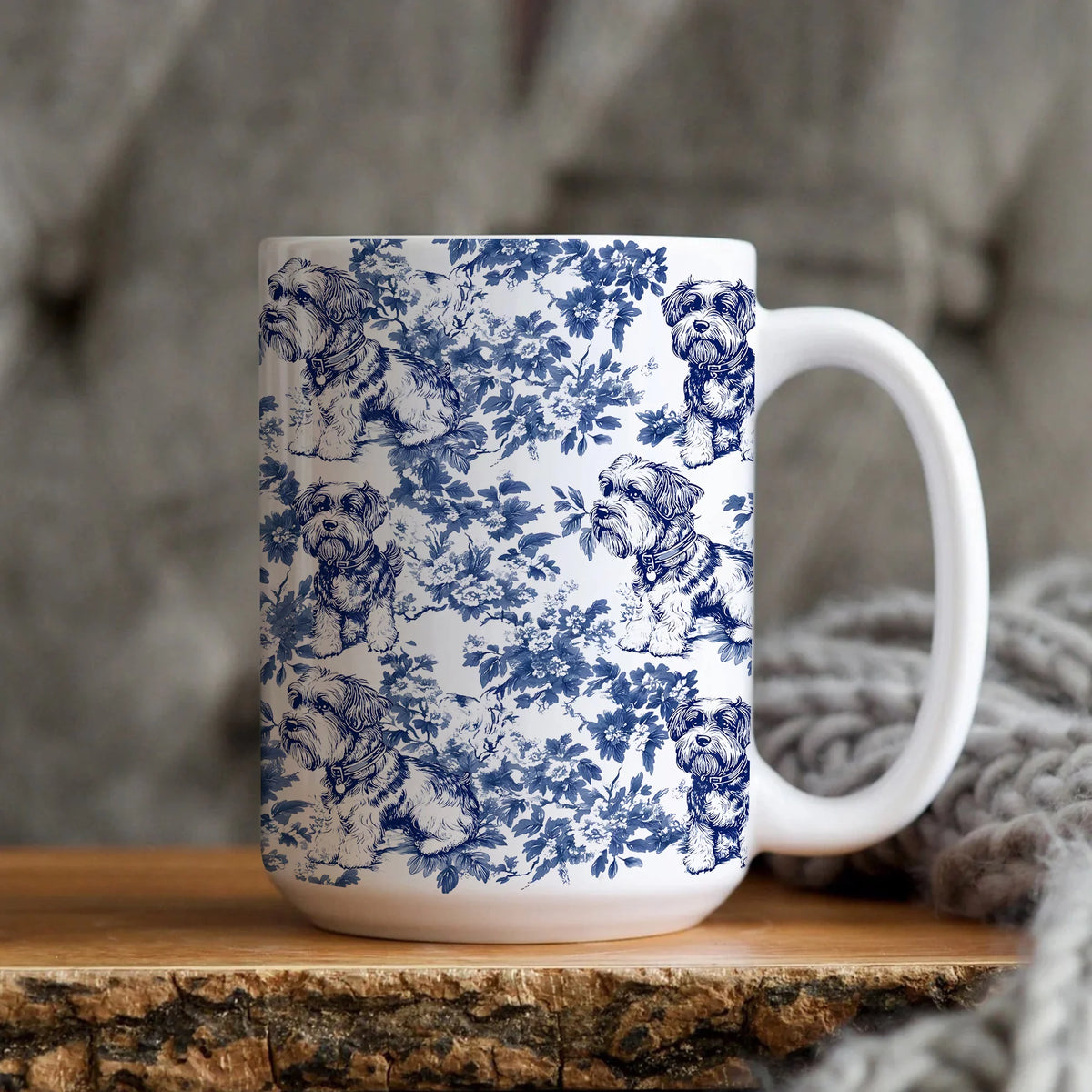 Miniature Schnauzer French Toile Mug - Blue French Toile de Jouy Coffee Cup Gift for Schnauzer Mom, Dog Lovers Chinoiserie Ceramic Tea Cup