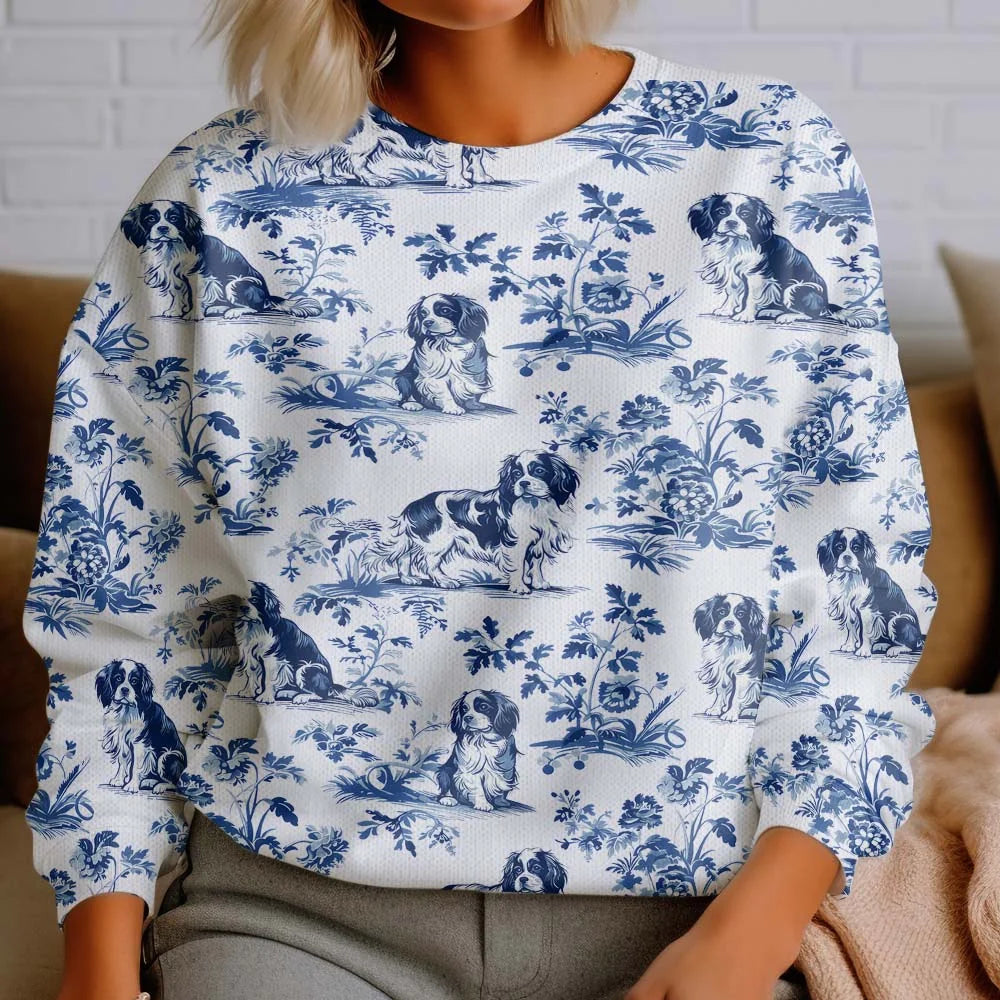 Cavalier King Charles Spaniel French Sweatshirt, Blue Floral Toile de Jouy Cavalier Dog Mom Sweatshirt, Cavalier Lover Gifts for Dog Mom