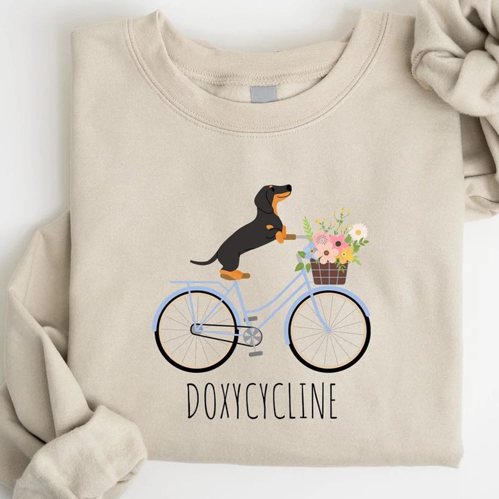 Doxycycline Pharmacy Pun Sweatshirt, Dachshund on Bicycle, Pharmacists Shirt, Pharmacists and Technicians Gift, Veterinary, Pharmacist Gifts