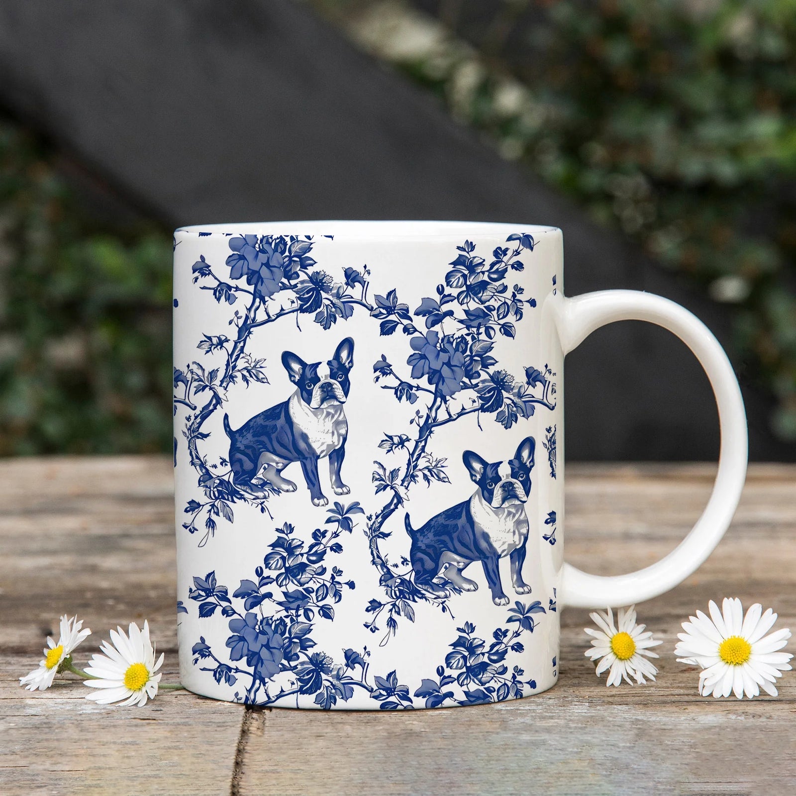 Boston Terrier French Toile de Jouy Mug - Boston Terrier Lovers Blue Toile Coffee Cup for Dog Mom, Blue Chinoiserie Pattern Ceramic Tea Cup