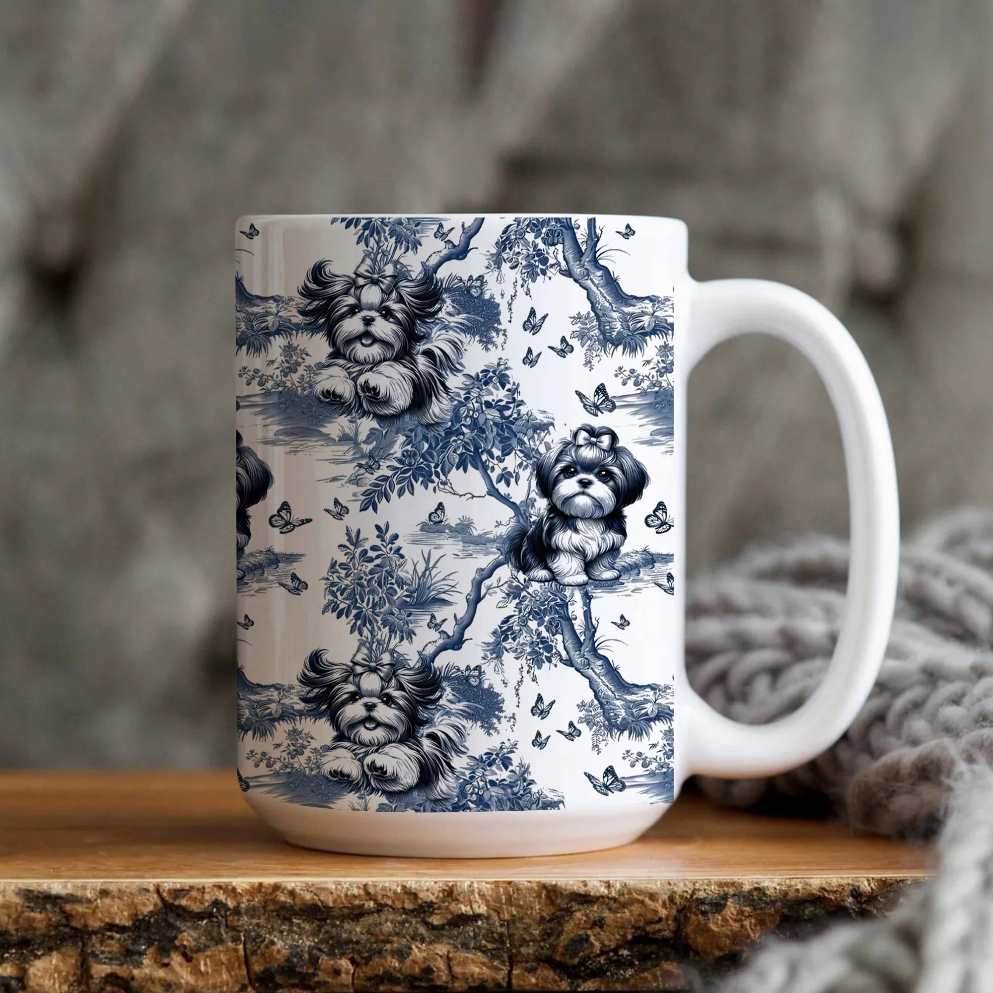 Shih Tzu Toile Mug Vintage Blue and White Coffee Cup New Dog Mom Gift, French Country Tea Mug Housewarming Cottagecore Decor, Elegant Art