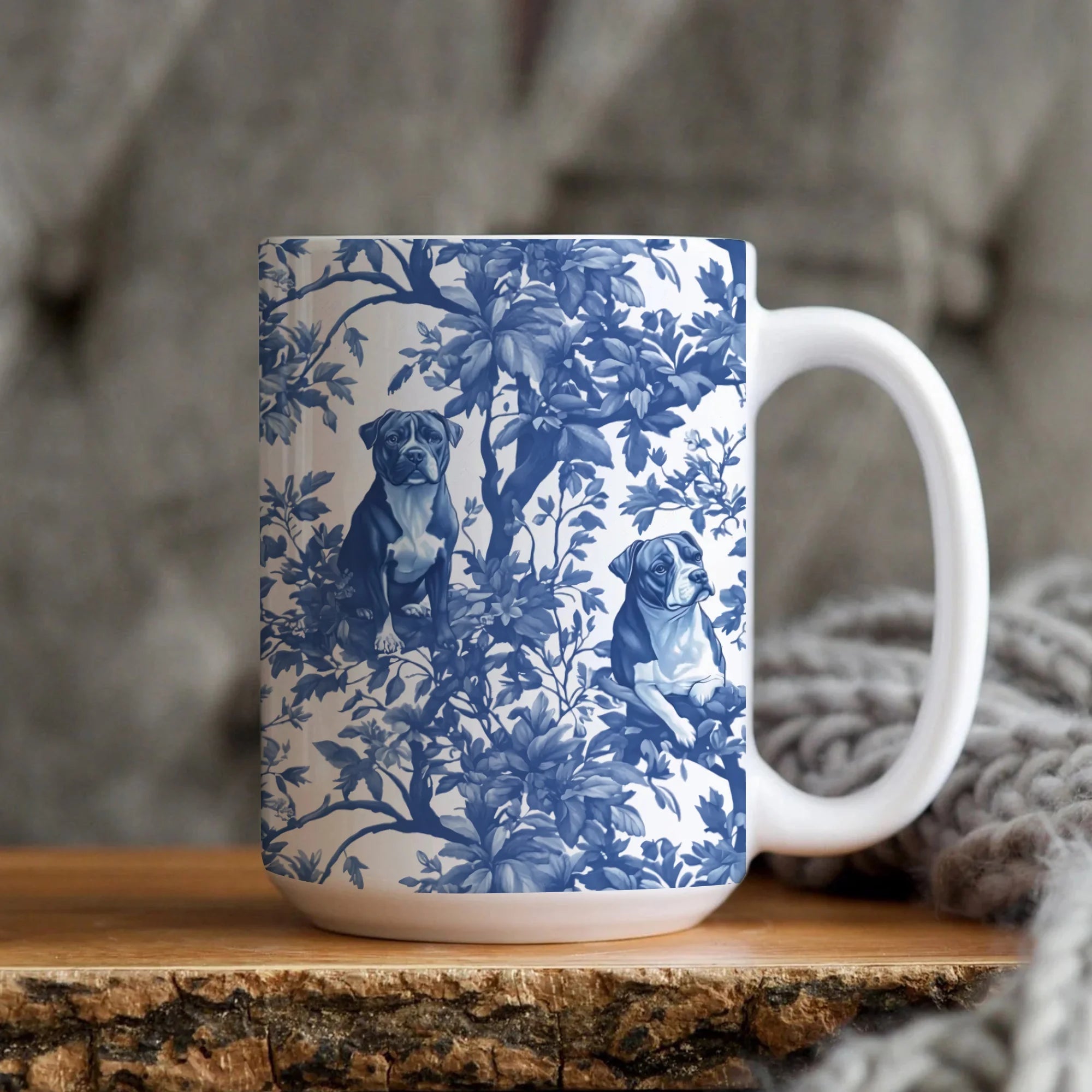 Pitbull French Toile de Jouy Mug - Pittie Lovers Blue Toile Coffee Cup for Pitbull Mom, Dog Owner Gifts, Chinoiserie Pattern Ceramic Tea Cup