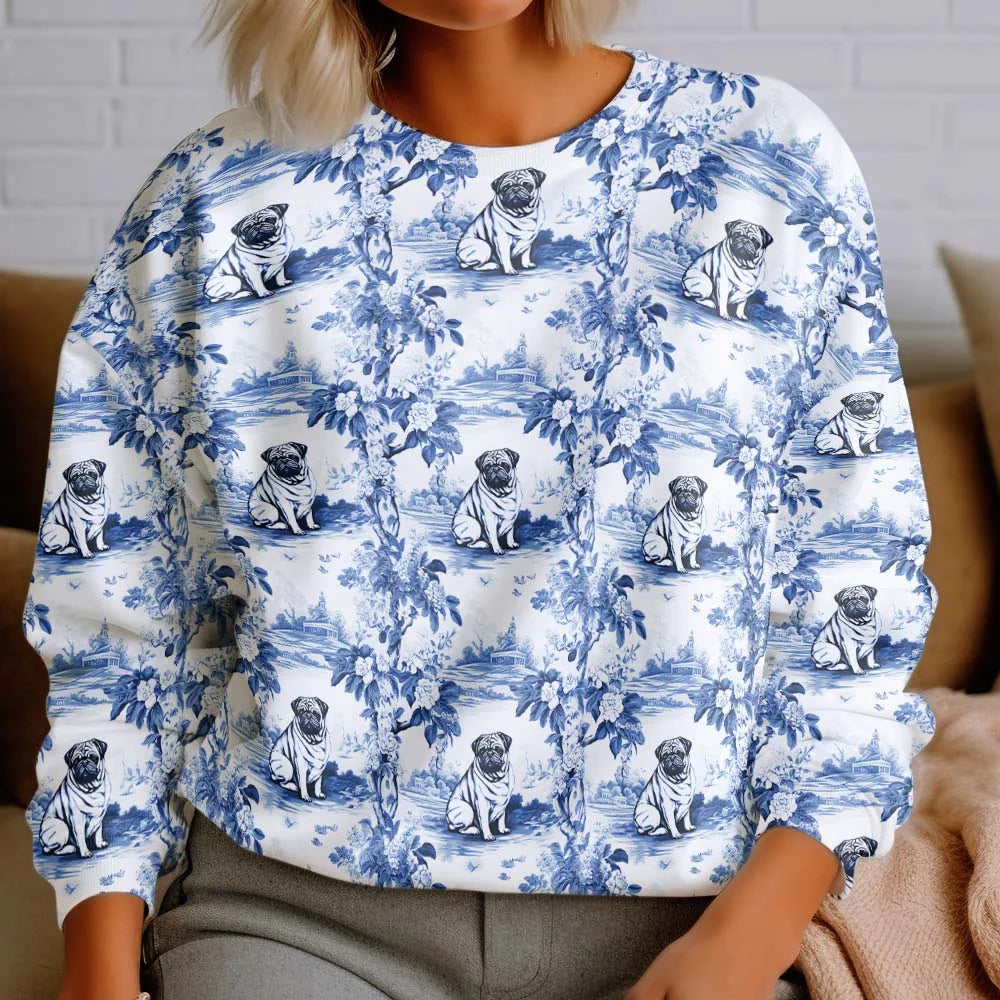 Pug Toile II Drawing sweatshirt, Blue and White, Chinoiserie Porcelain Inspired, Gift for Pug Owner or Dog Lover