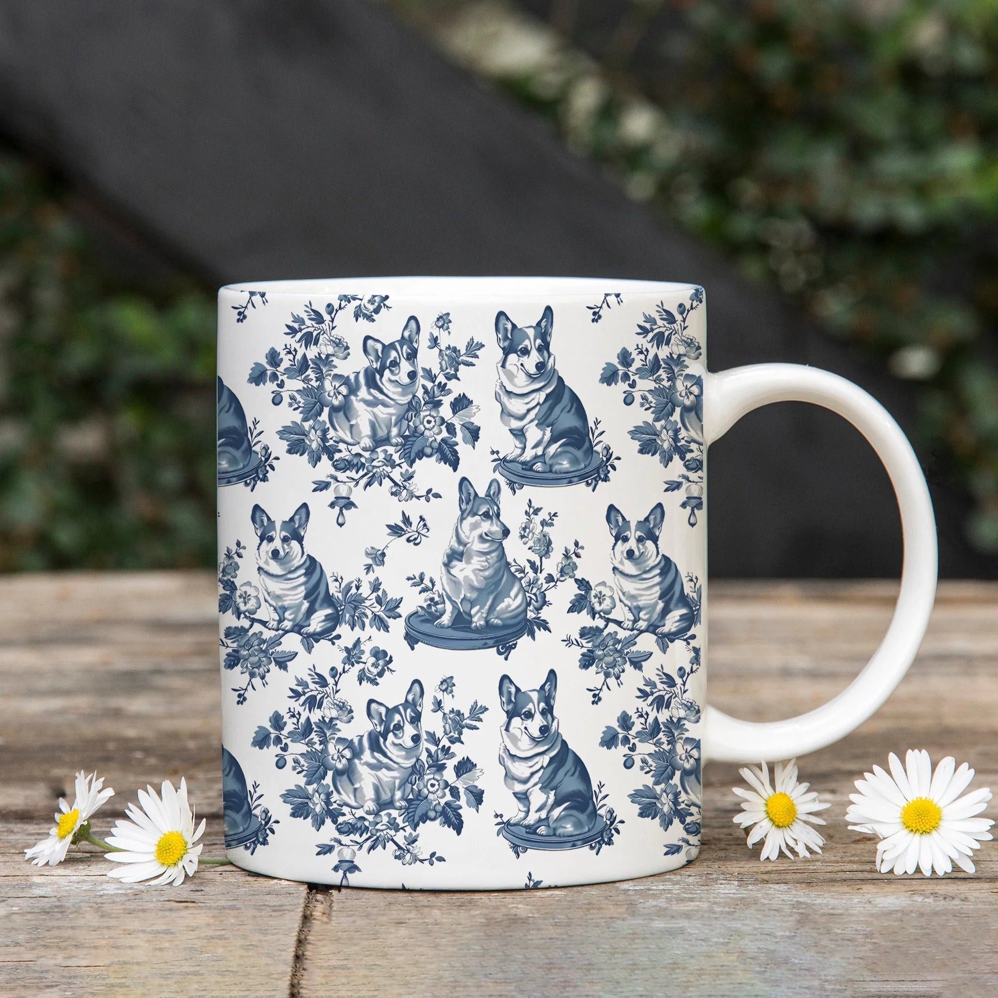 Corgi Toile de Jouy Mug - Cute Corgi Blue Toile Coffee Cup for Corgi Mom, Pembroke Welsh Corgi Lover Gifts, Pet Ceramic Tea Cup - 2 Sizes