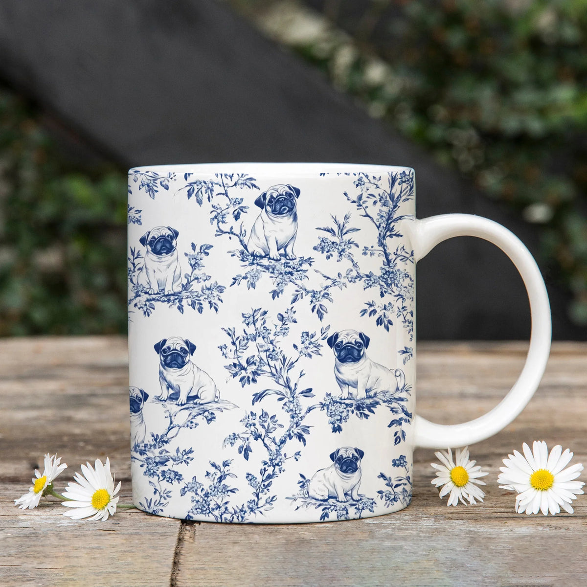 Pug French Toile Mug - Blue Toile de Jouy Coffee Cup for Pug Mom, Pug Gifts, Pet Dog Lovers Tea Coffee Mug - 2 Sizes