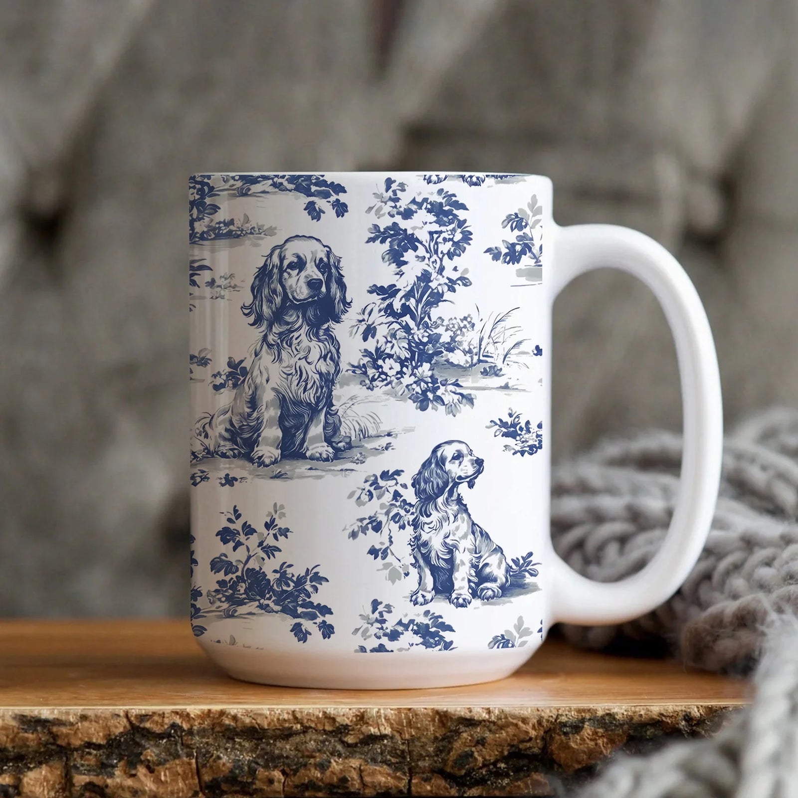 Cocker Spaniel Blue Toile Mug - French Toile de Jouy Coffee Cup Gift for Cocker Spaniel Mom, Elegant Chinoiserie Tea Cup Spaniel Dog Lovers