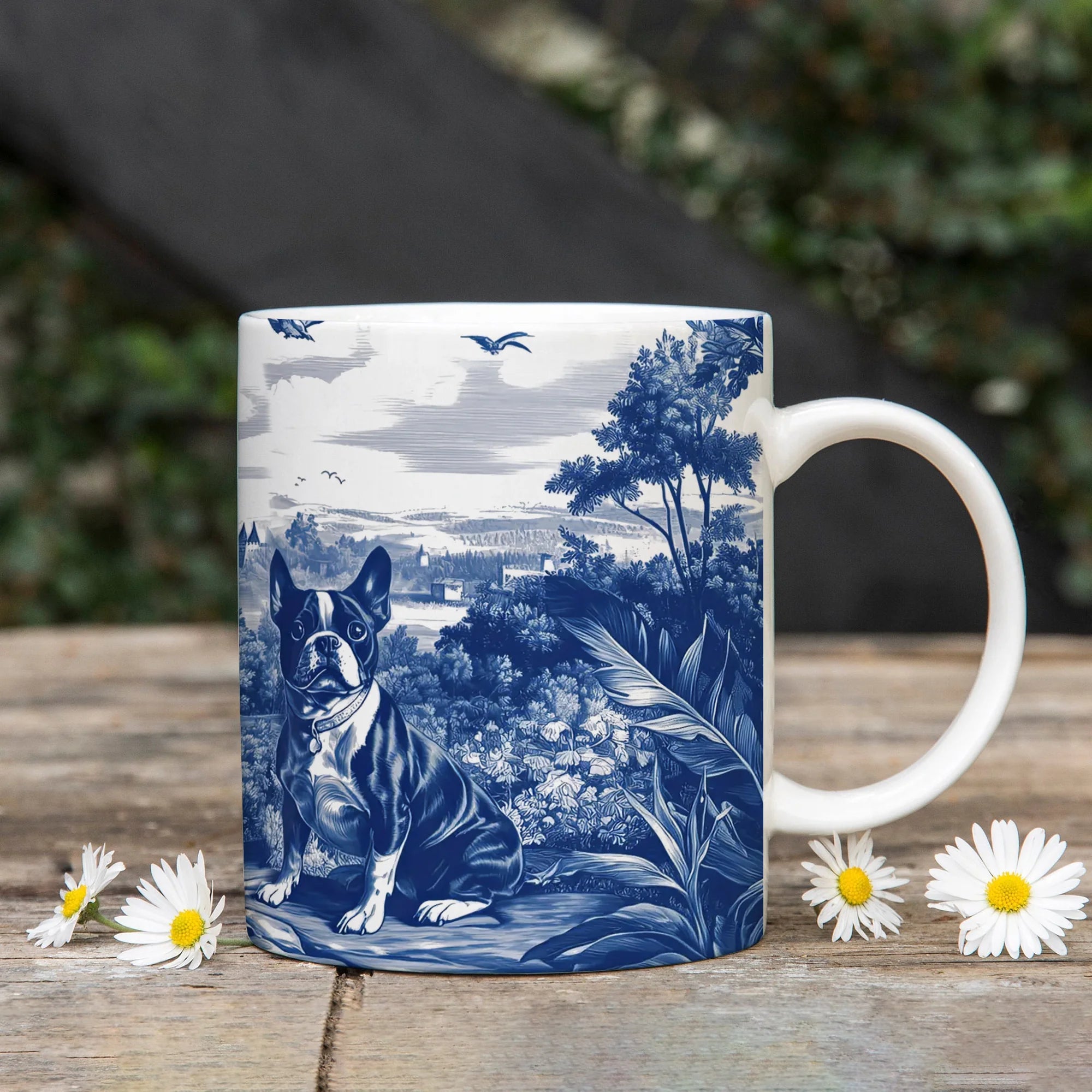 Boston Terrier Blue Toile Scene Mug - Two Boston Terriers Vintage Style Coffee Cup for Dog Lovers, Castle French Toile de Jouy Tea Cup Gifts