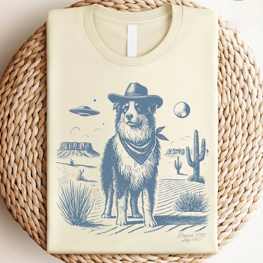Australian Shepherd Shirt, Aussie Vintage UFO Western Shirt, Retro T-Shirt, Cowboy TShirt, Wild West, Dogful DogMom, Dogfulness Shirting