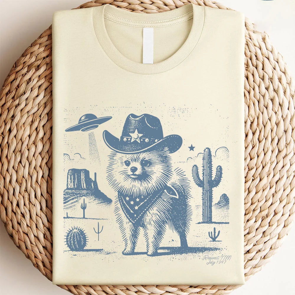 Pomeranian Shirt, Vintage Dog Shirt, UFO Western Shirt, Retro T-Shirt, Cowboy TShirt, Wild West, Pom Mom, Pom Dad, Pomeranian