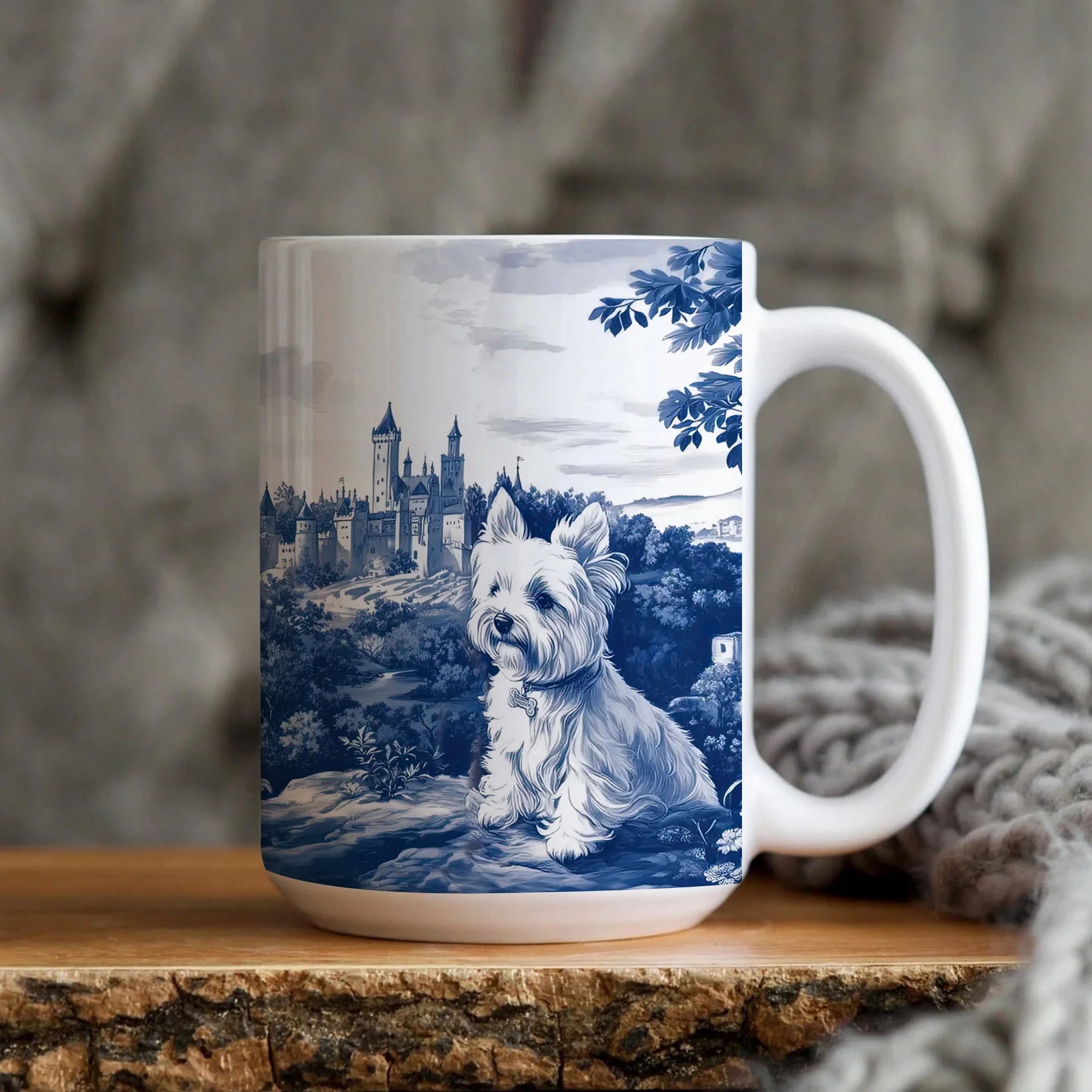 Westie Blue Toile Scene Mug - Two West Highland Terriers Vintage Style Coffee Cup for Dog Lover, French Toile de Jouy Scene Tea Cup Gift
