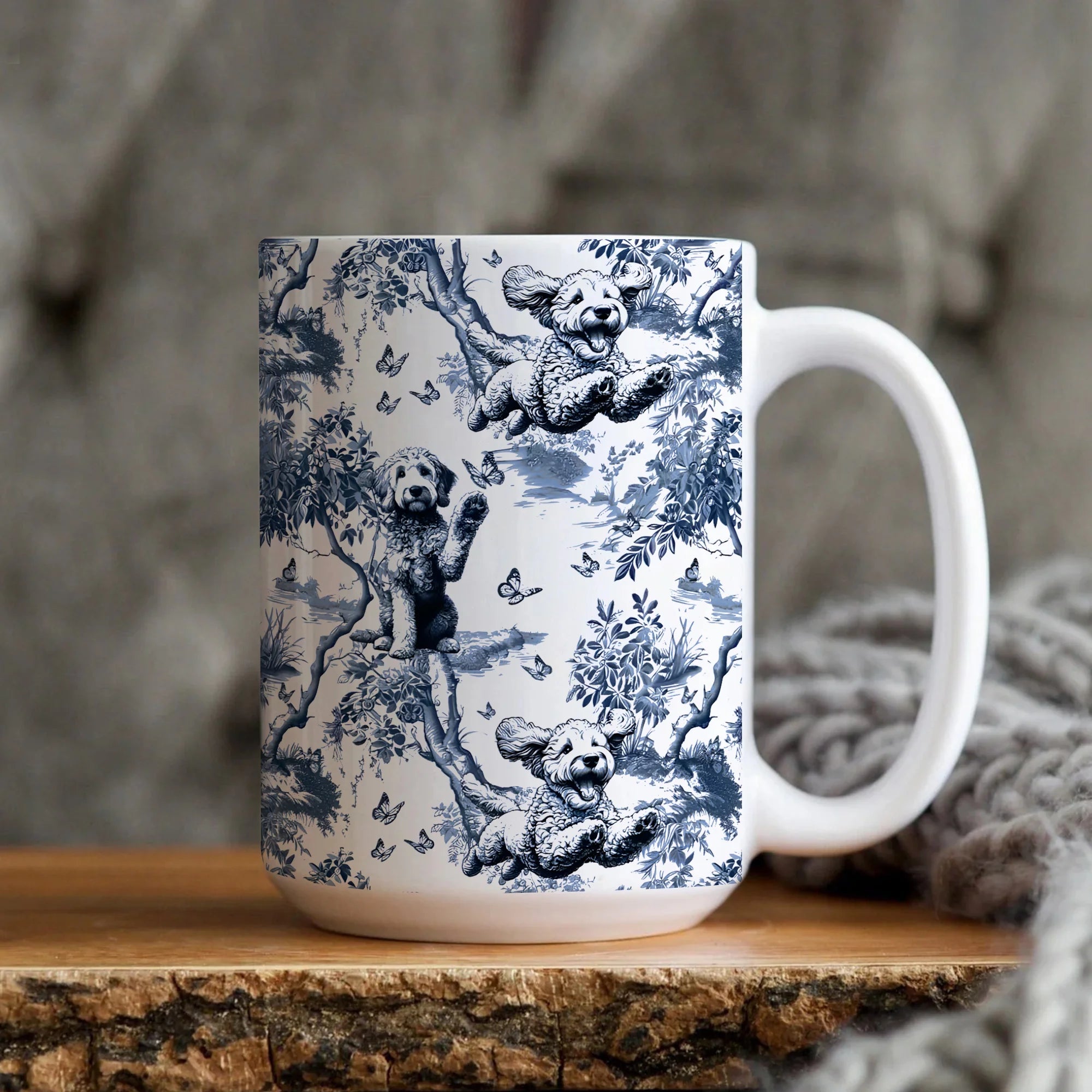 Toile Goldendoodle Mug Vintage Blue and White Coffee Cup Doodle Mom Gift, Floral French Country Tea Mug Cottagecore Decor Housewarming Gift