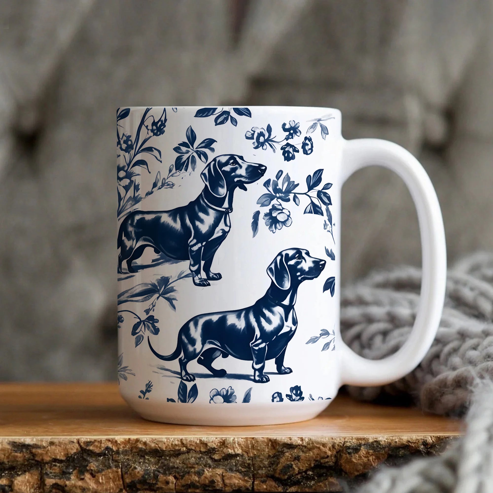 Dachshund Dogs French Toile de Jouy Mug, Coffee Mug for Doxie Mom, Wiener Dogs Gift, Sausage Dog Lover Gifts, Dog Tea Drinkware