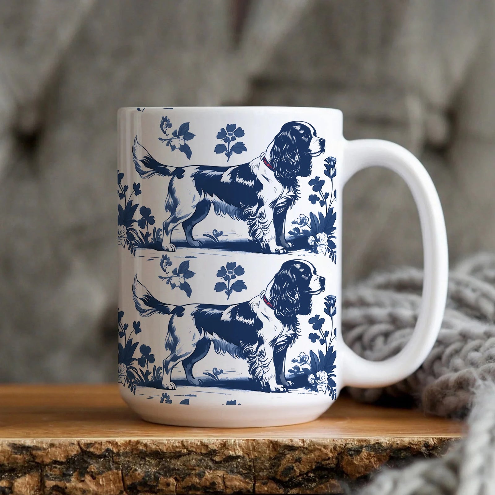 Cavalier King Charles Spaniel French Toile de Jouy Mug - Blue Toile Cup for Cavalier Mom, Cavalier Lover Gifts, Dog Lover Gift