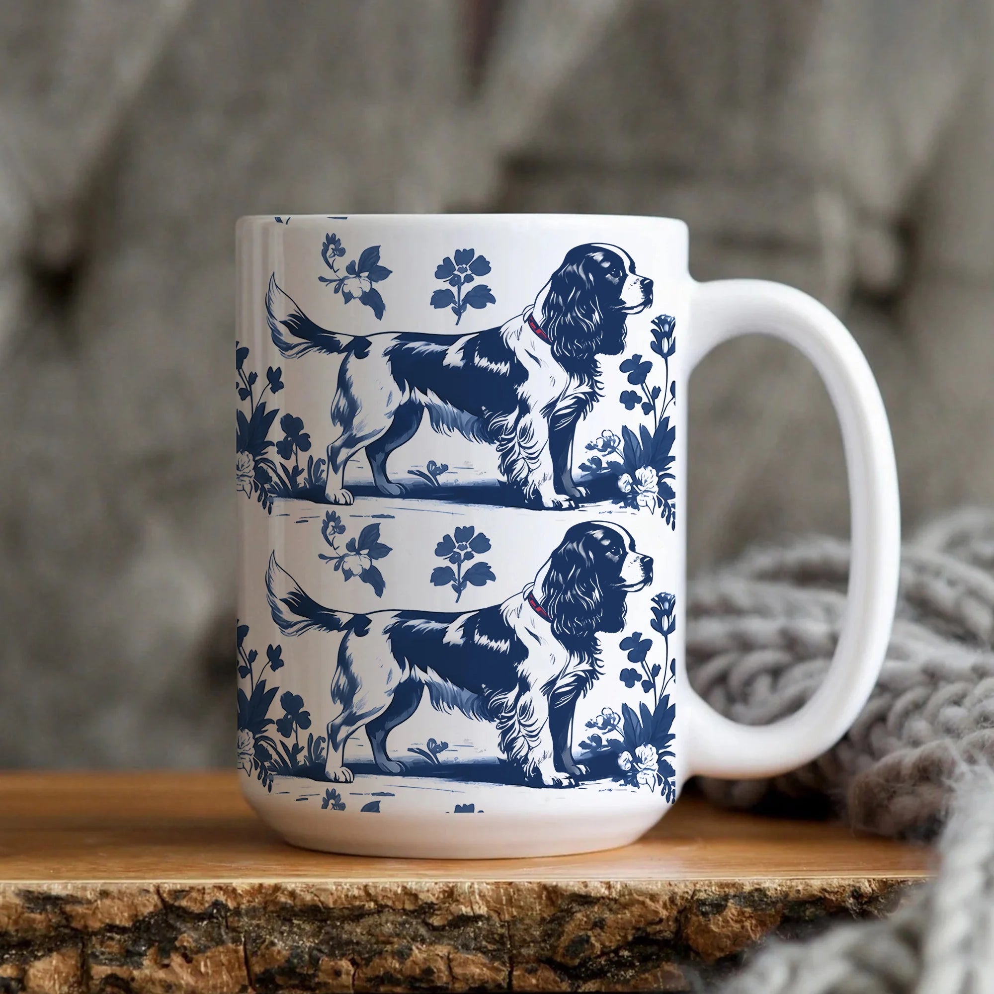Cavalier King Charles Spaniel French Toile de Jouy Mug - Blue Toile Cup for Cavalier Mom, Cavalier Lover Gifts, Dog Lover Gift
