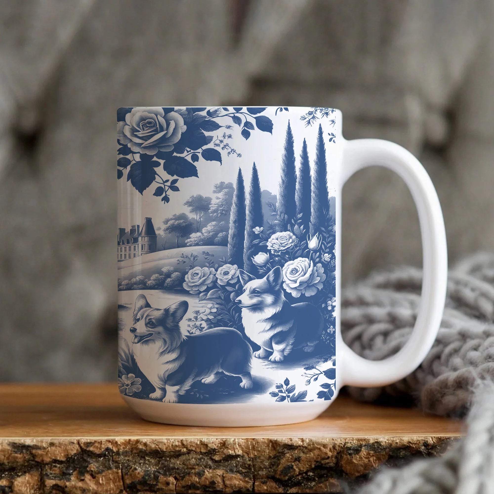 Corgi Toile De Jouy Mug, Vintage French Blue Toile Welsh Corgi Coffee Cup, Blue and White Chinoiserie Mug, Pembroke Welsh Corgi Lover Gift