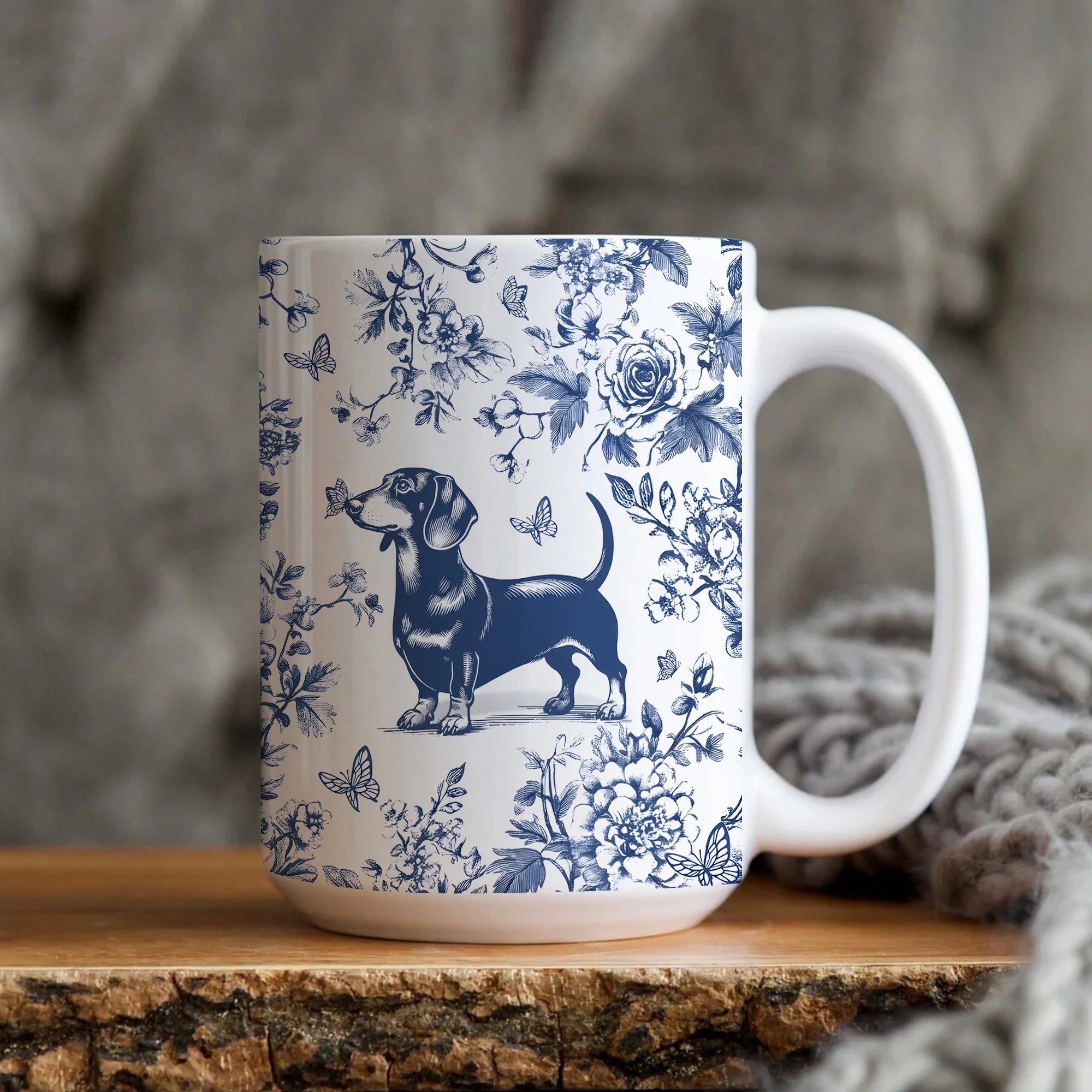 Dachshund French Toile de Jouy Mug, Blue Toile Coffee Cup for Doxie Mom, Sausage Dog Lover Gifts, Dog Mom Mothers Day Mug, Sausage Dog Gift