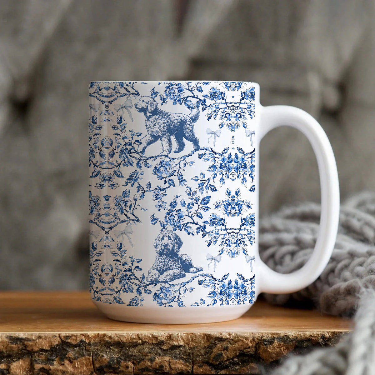 Golden Doodle Toile De Jouy Mug, French Blue Bow Toile Goldendoodle Gift, Doodle Dog Lover Ceramic Coffee Cup, Doodle Dog Gifts Mom Tea Mug