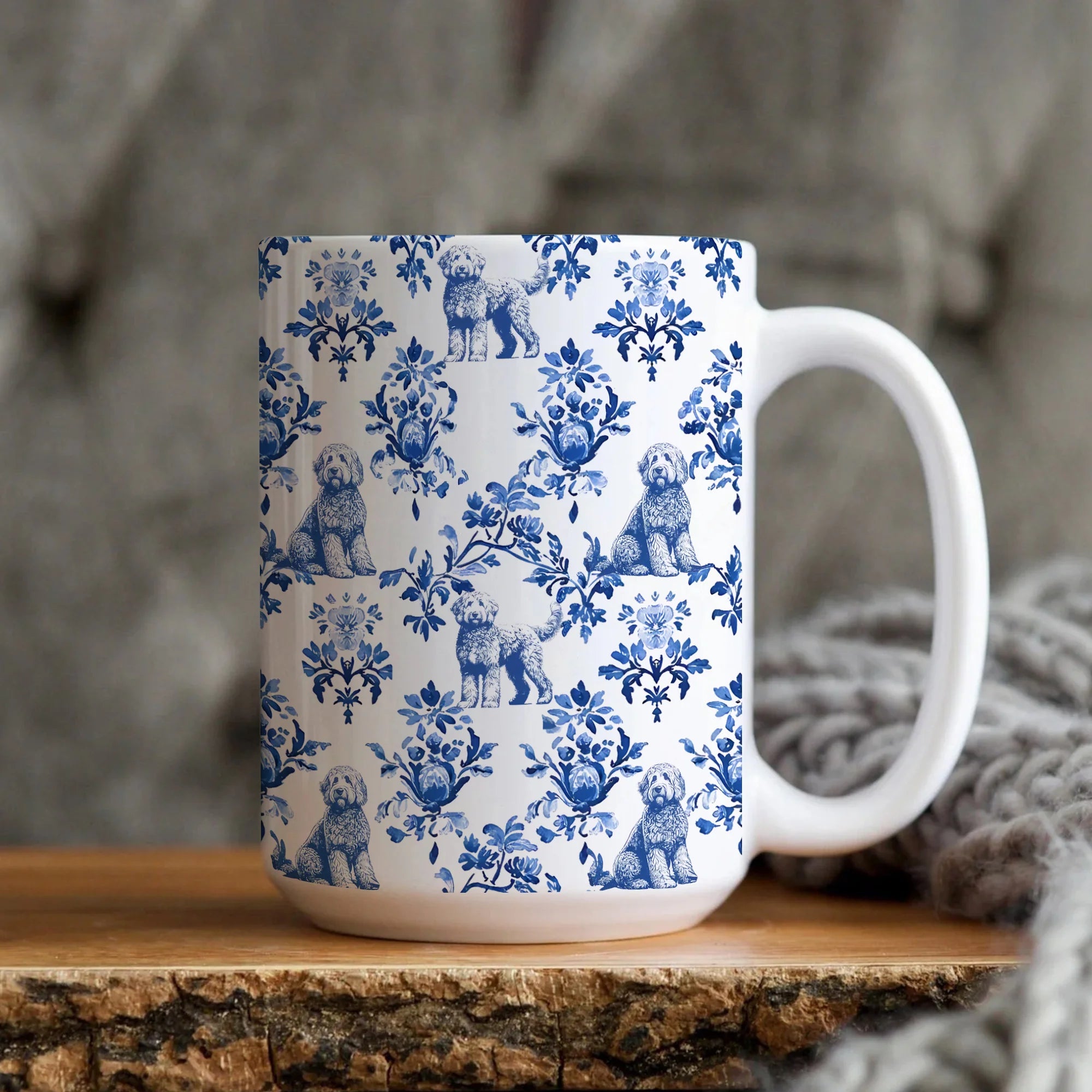 Golden Doodle Toile De Jouy Mug, French Blue Toile Goldendoodle Gift, Doodle Dog Lover Ceramic Coffee Cup, Doodle Dog Gifts Mom Tea Mug