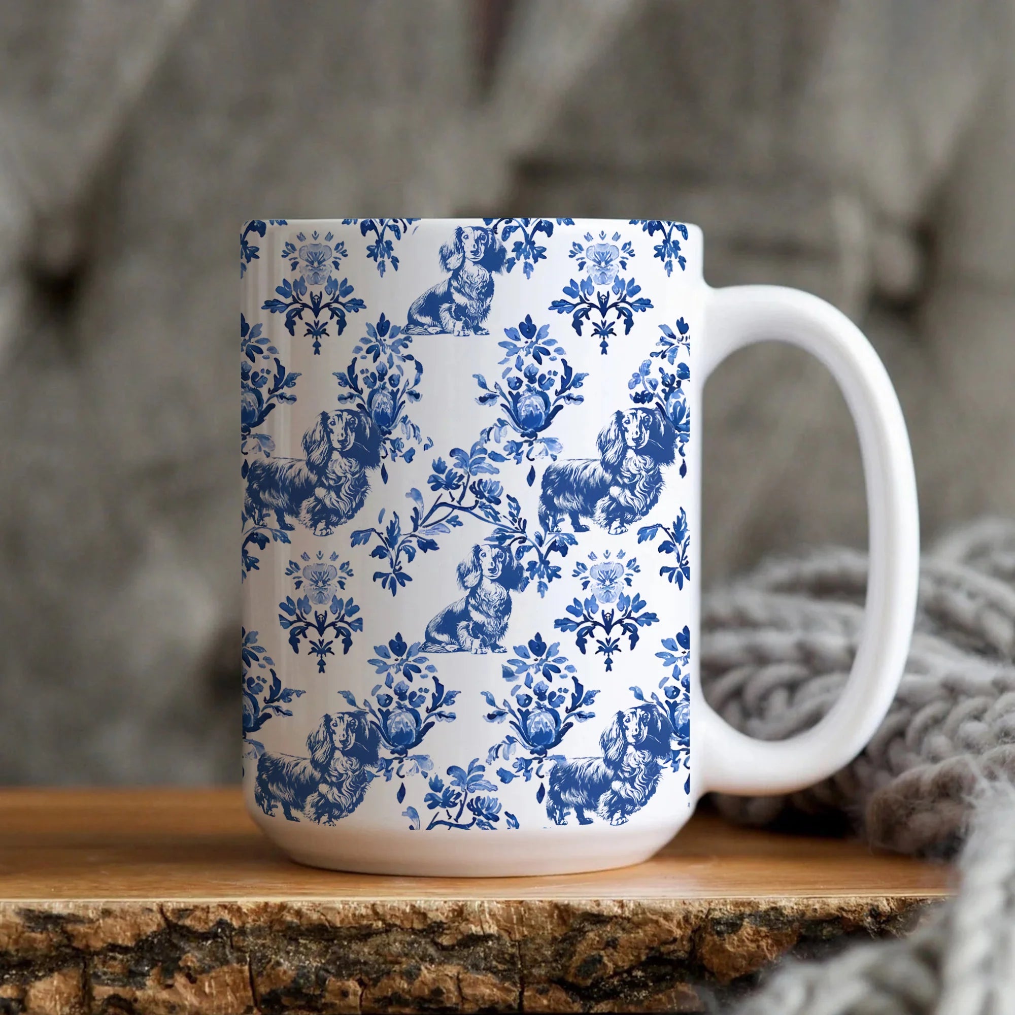 Long Haired Dachshund Toile De Jouy Mug, French Blue Toile Weiner Gift, Sausage Dog Lover Ceramic Coffee Cup, Doxie Dog Gifts Weenie Mom Mug