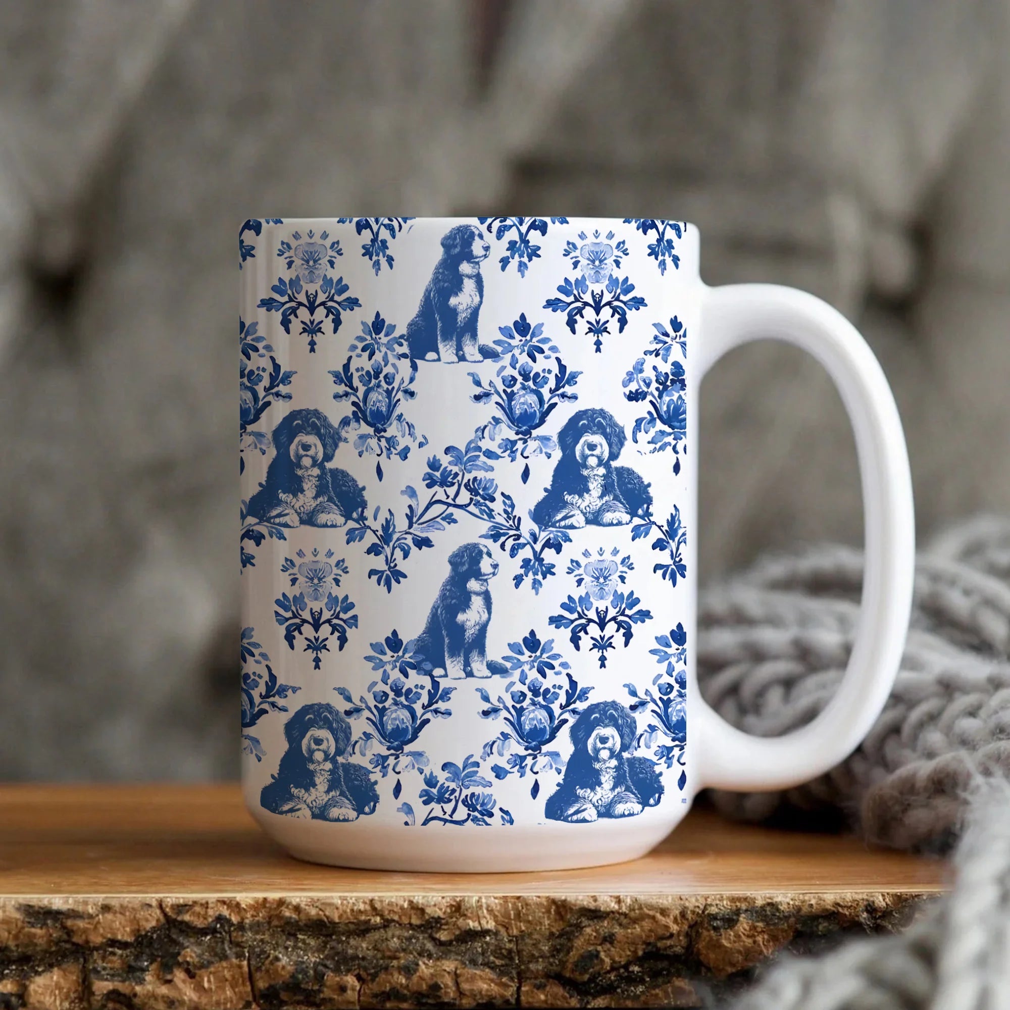 Bernedoodle Toile De Jouy Mug, French Blue Toile Berne Doodle Gift, Dog Lover Ceramic Coffee Cup, Bernedoodle Dog Gifts Mom Chinoiserie Mug