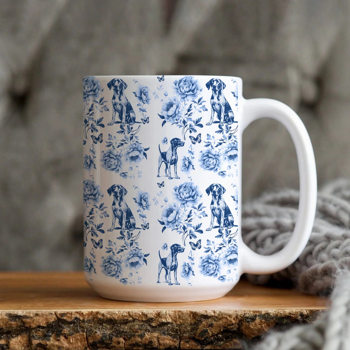 German Shorthaired Pointer Toile De Jouy Mug, French Blue Toile GSP Gift, German Pointer Ceramic Coffee Cup,German Shorthair Pointer Mom Mug