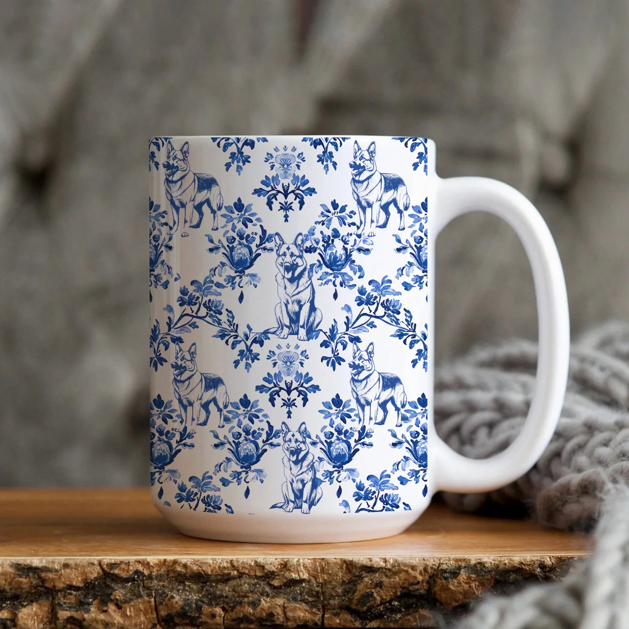 German Shepherd Toile De Jouy Mug, French Blue Toile German Shepherd Gift, GSD Dog Lover Ceramic Coffee Cup, Shepherd Dog Mom Gift Tea Mug
