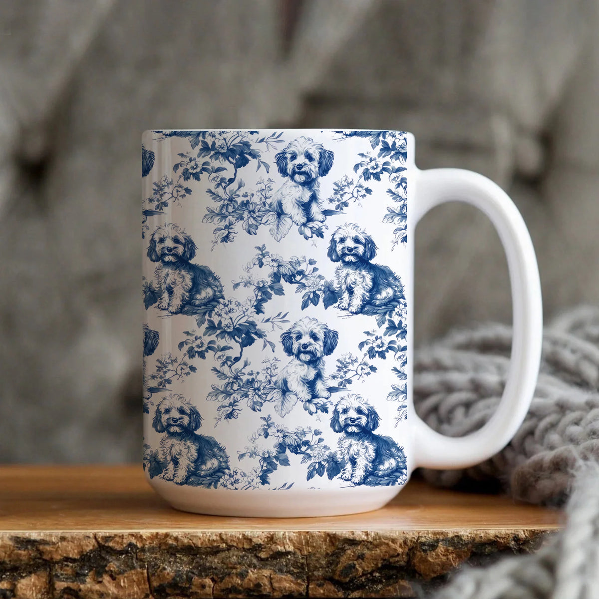 Cavapoo Toile de Jouy Mug- Elegant French Toile Coffee Cup Gifts for Cavapoo Mom, Cavalier Mix Dog Lovers Chinoiserie Blue Floral Tea Cup