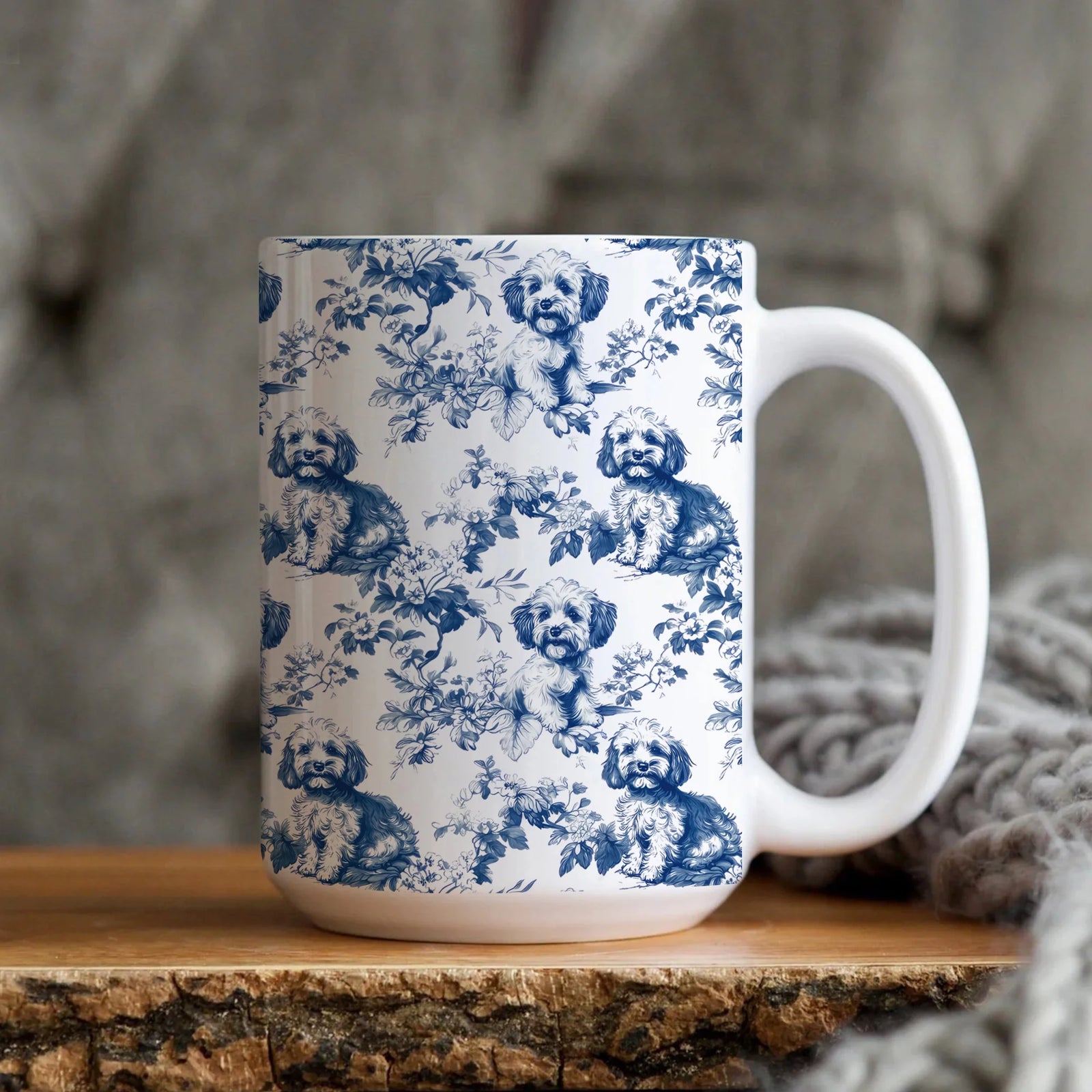 Cavapoo Toile de Jouy Mug- Elegant French Toile Coffee Cup Gifts for Cavapoo Mom, Cavalier Mix Dog Lovers Chinoiserie Blue Floral Tea Cup