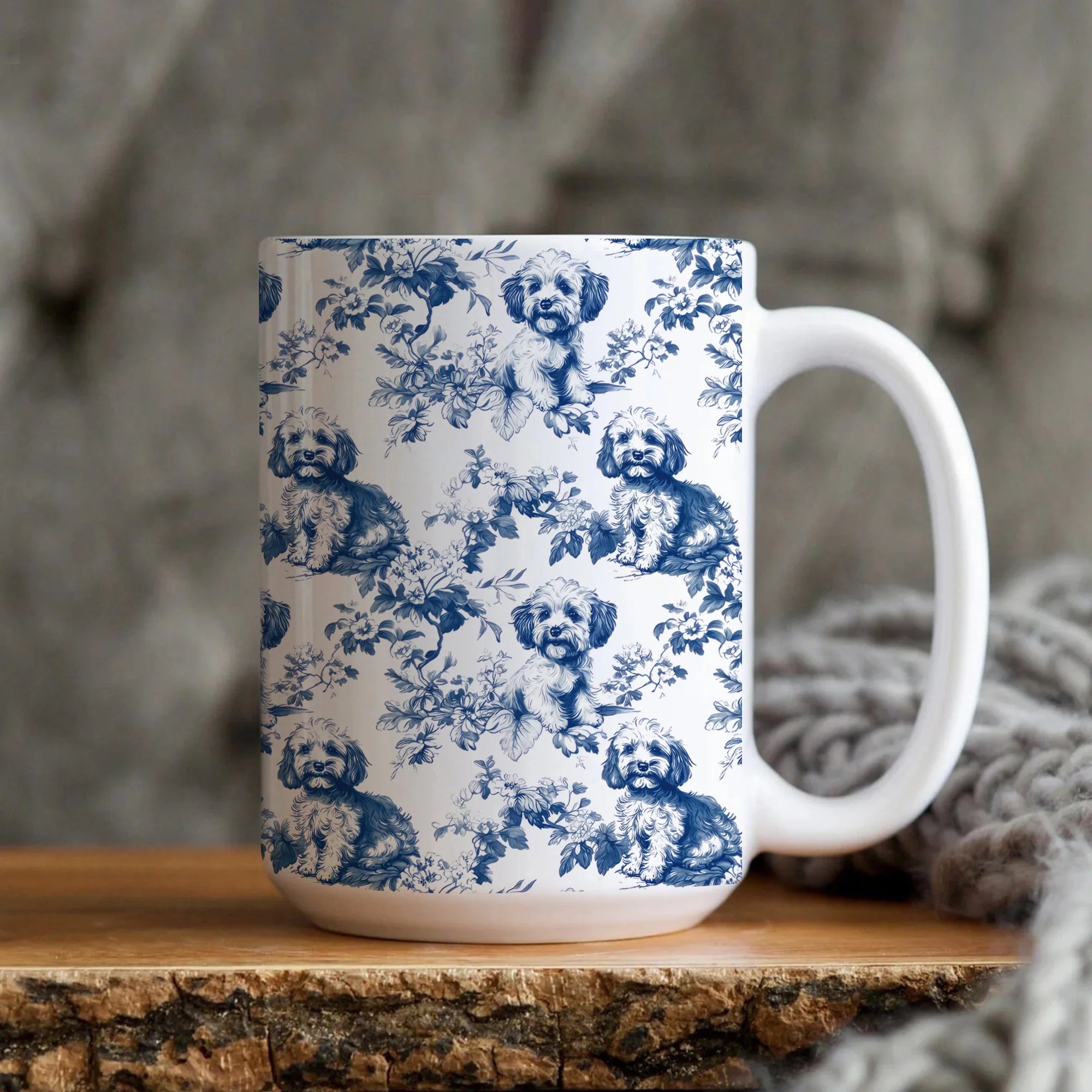 Cavapoo Toile de Jouy Mug- Elegant French Toile Coffee Cup Gifts for Cavapoo Mom, Cavalier Mix Dog Lovers Chinoiserie Blue Floral Tea Cup