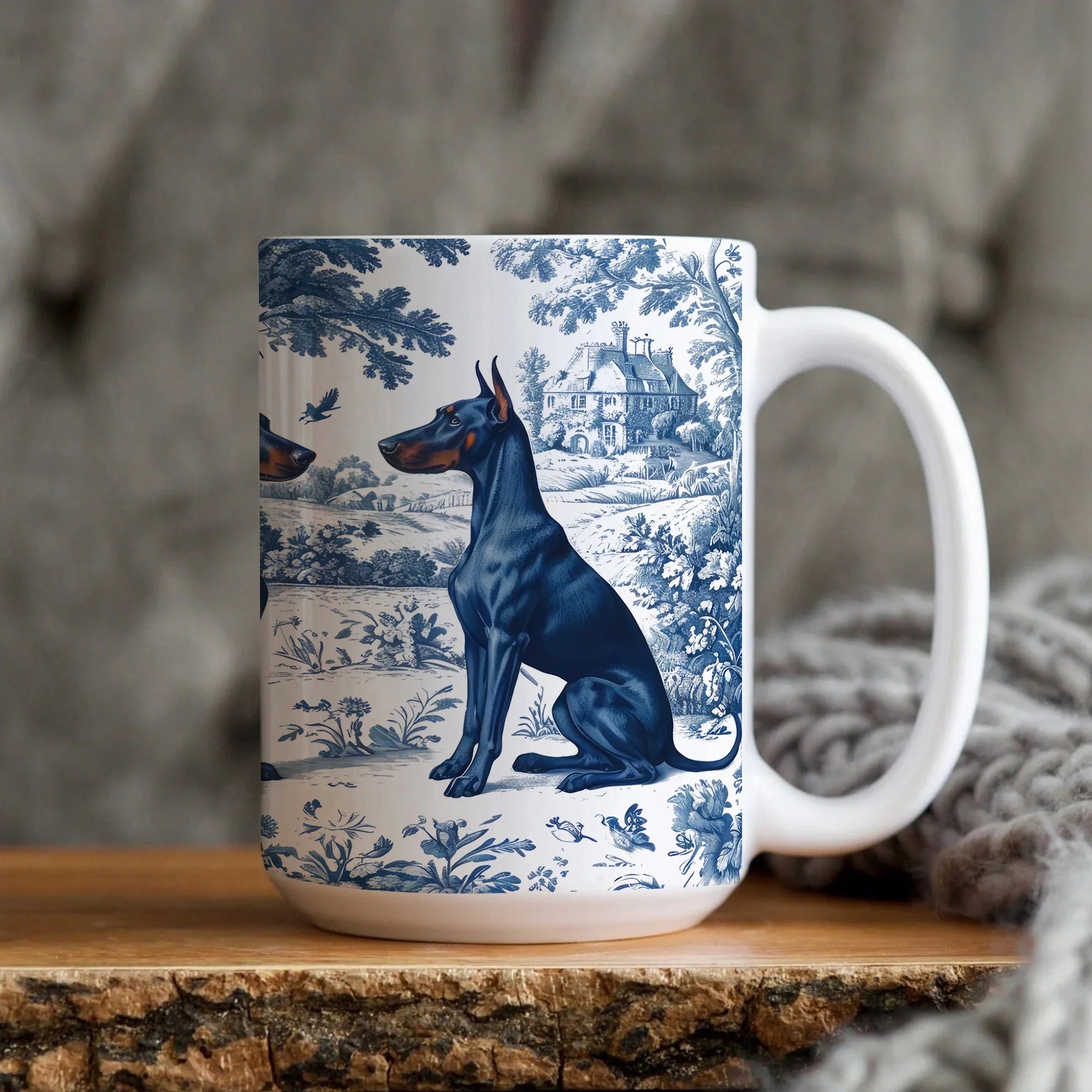 Doberman Toile De Jouy Mug, French Blue Toile Doberman Pinscher Dog Gift, Dobie Lover Ceramic Coffee Cup, Doberman Dog Mom Gift Tea Mug