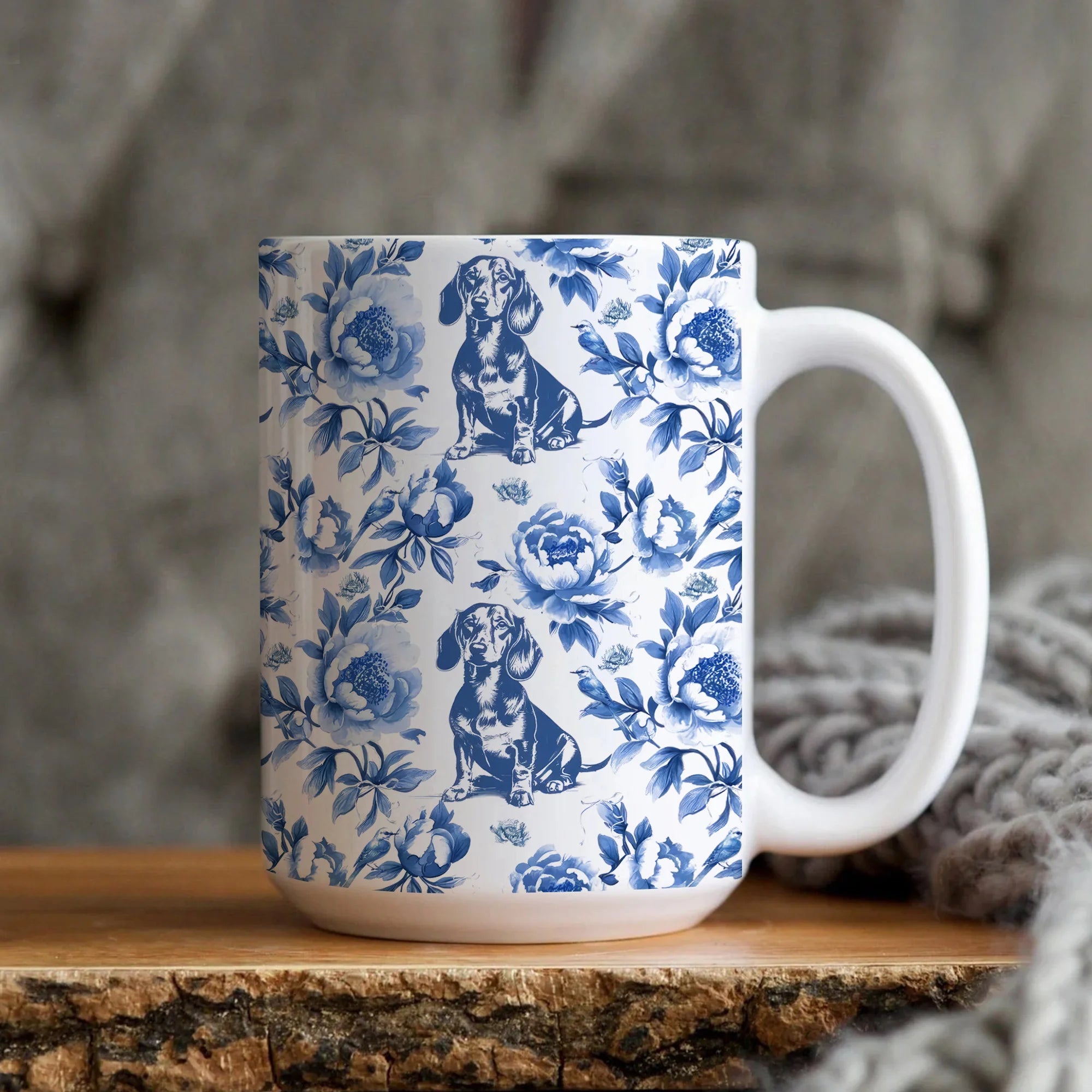 Dachshund French Blue Toile De Jouy Mug, Blue Toile De Jouy Wiener Gift, Dachshund Ceramic Coffee Mug, Doxie Mom Mug, Sausage Dog Lover Gift