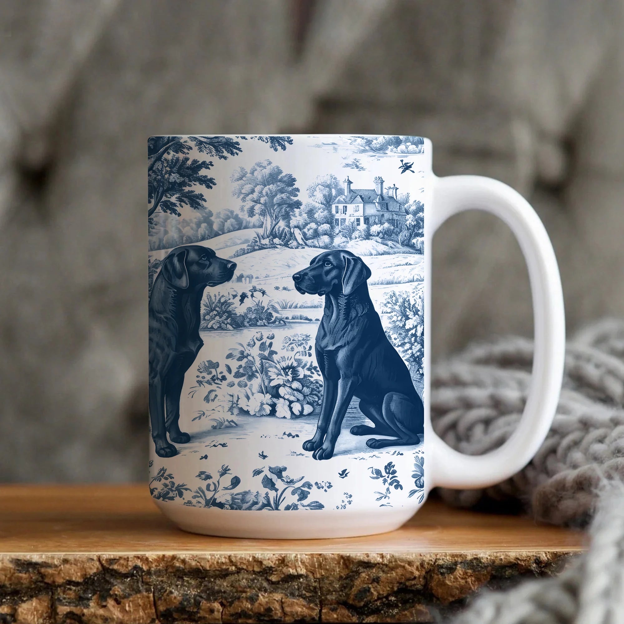 Black Lab Toile De Jouy Mug, French Blue Toile Black Labrador Gift, Black Lab Dog Lover Ceramic Coffee Cup, Labrador Gifts Mom Tea Mug