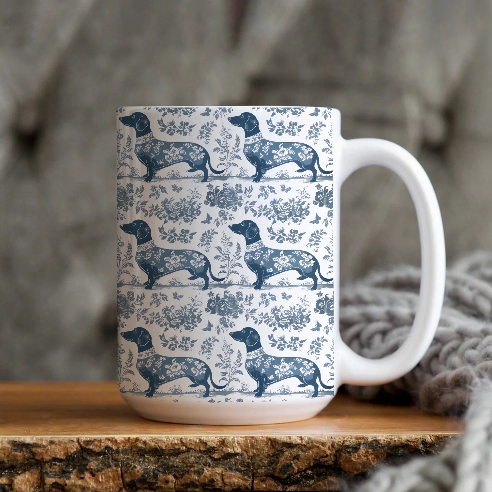 Dachshund French Toile De Jouy Mug, Blue Toile De Jouy Wiener Gift, Dachshund Ceramic Coffee Mug, Doxie Mom Mug, Sausage Dog Lover Gift