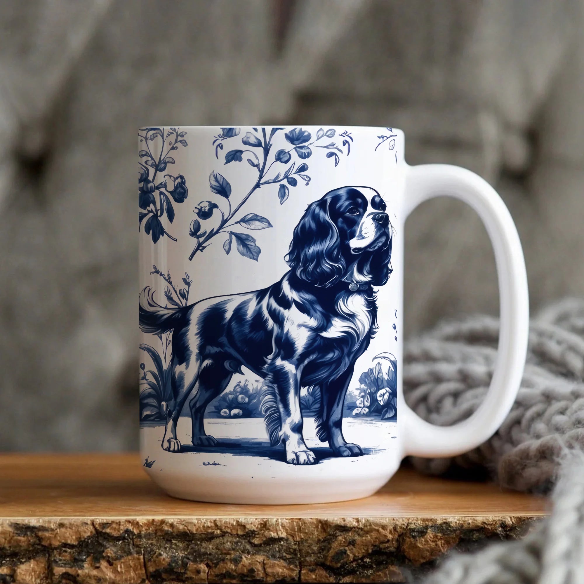 Cavalier King Charles Spaniel French Toile de Jouy Mug, Cavalier Blue Toile Cup for Cavalier Mom, Cavalier Lover Gifts, Dog Lover Gift