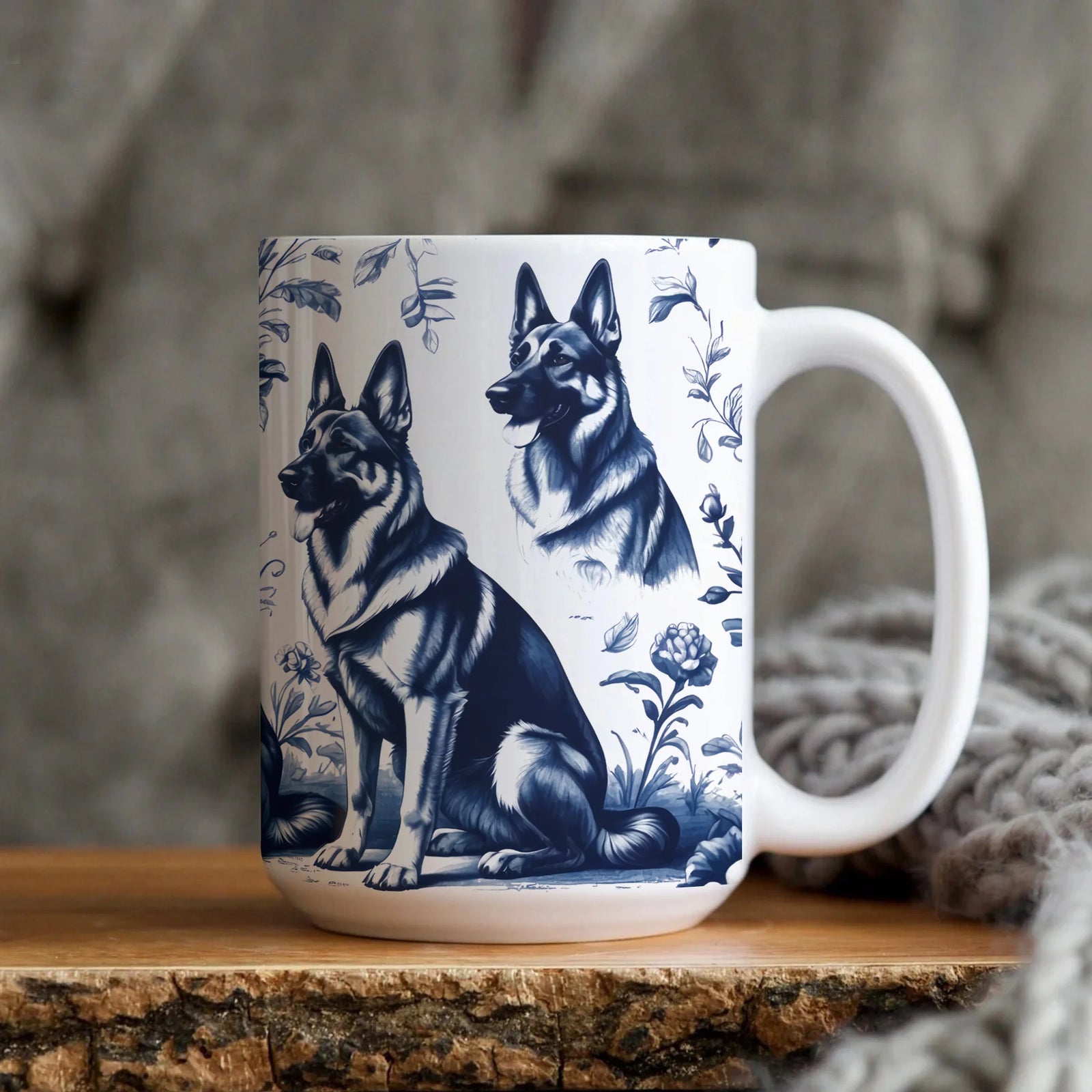 German Shepherd French Toile de Jouy Mug, Elegant Blue Toile Coffee Cup for German Shepherd Mom, Dog Lover Gifts, Dog Tea Mug