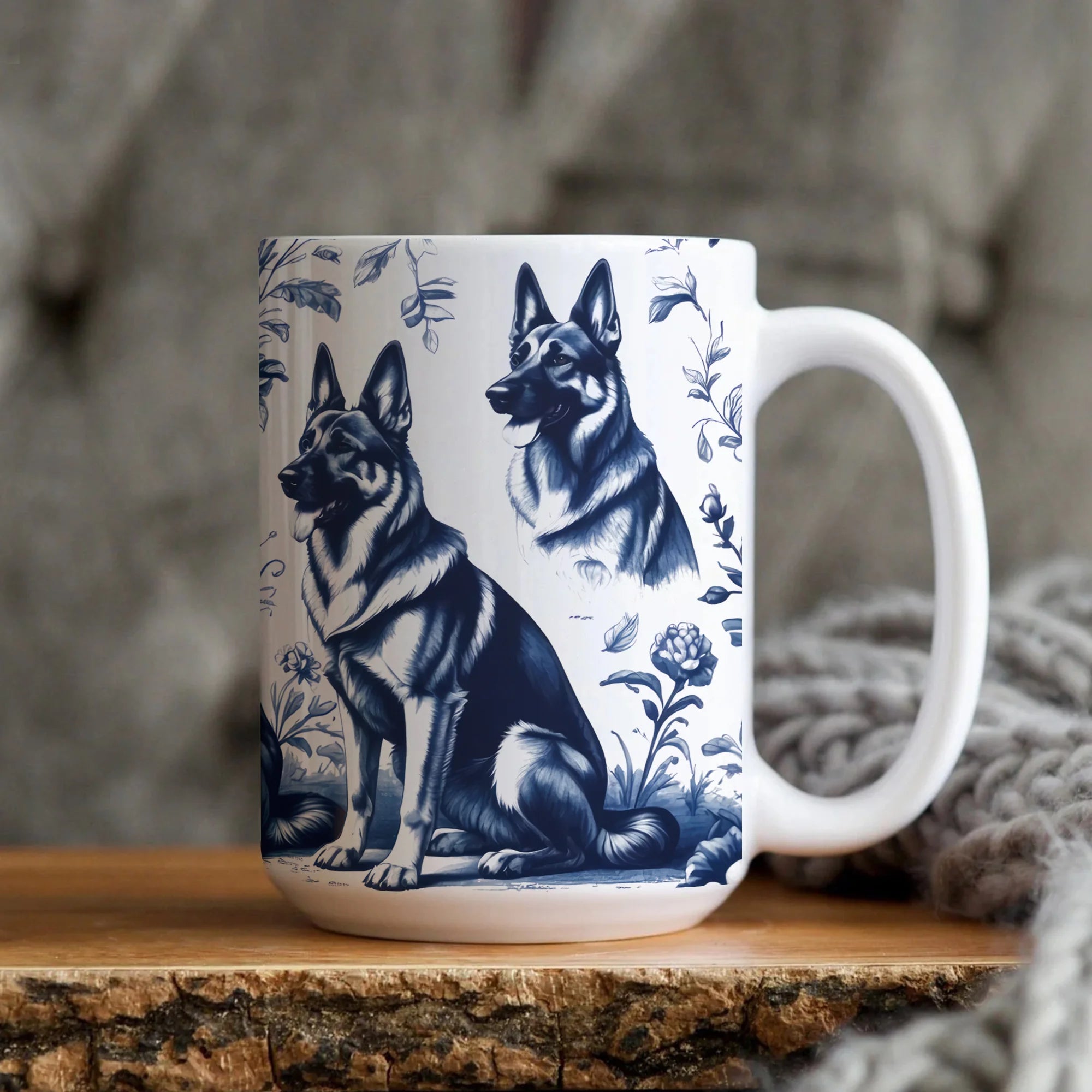 German Shepherd French Toile de Jouy Mug, Elegant Blue Toile Coffee Cup for German Shepherd Mom, Dog Lover Gifts, Dog Tea Mug
