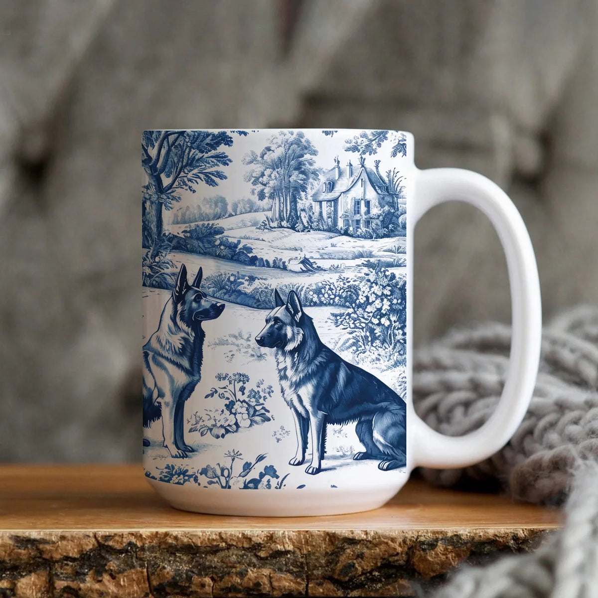 German Shepherd French Blue Toile De Jouy Mug, Blue Toile De Jouy Shepherd Gift, GSD Ceramic Coffee Mug, Alsatian Dog Lover Mom Gift