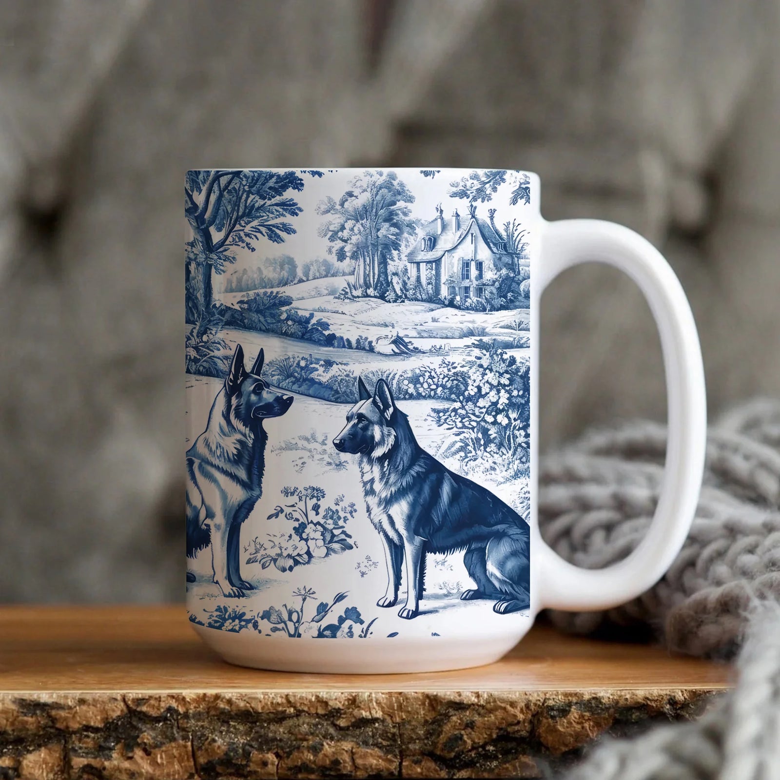 German Shepherd French Blue Toile De Jouy Mug, Blue Toile De Jouy Shepherd Gift, GSD Ceramic Coffee Mug, Alsatian Dog Lover Mom Gift
