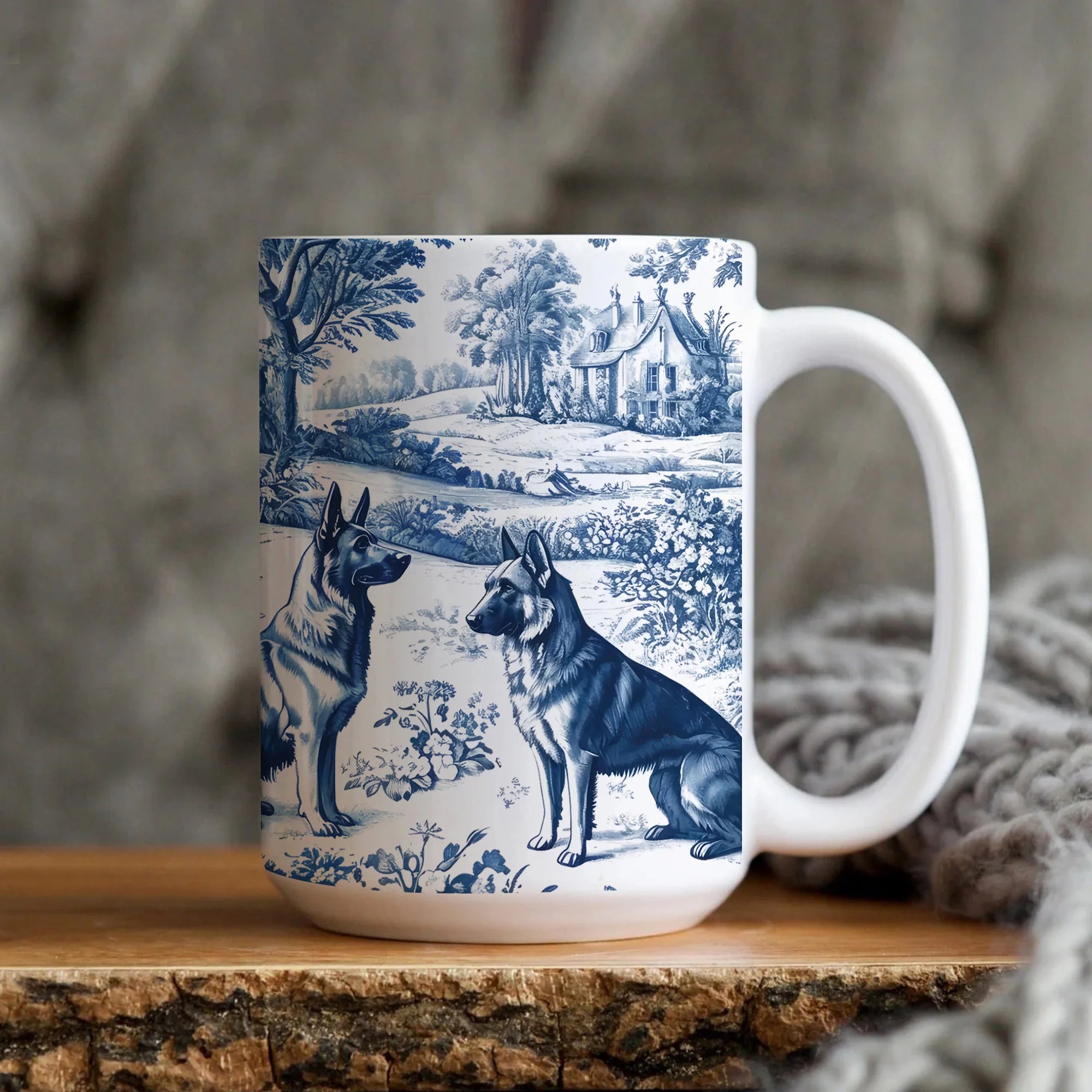 German Shepherd French Blue Toile De Jouy Mug, Blue Toile De Jouy Shepherd Gift, GSD Ceramic Coffee Mug, Alsatian Dog Lover Mom Gift
